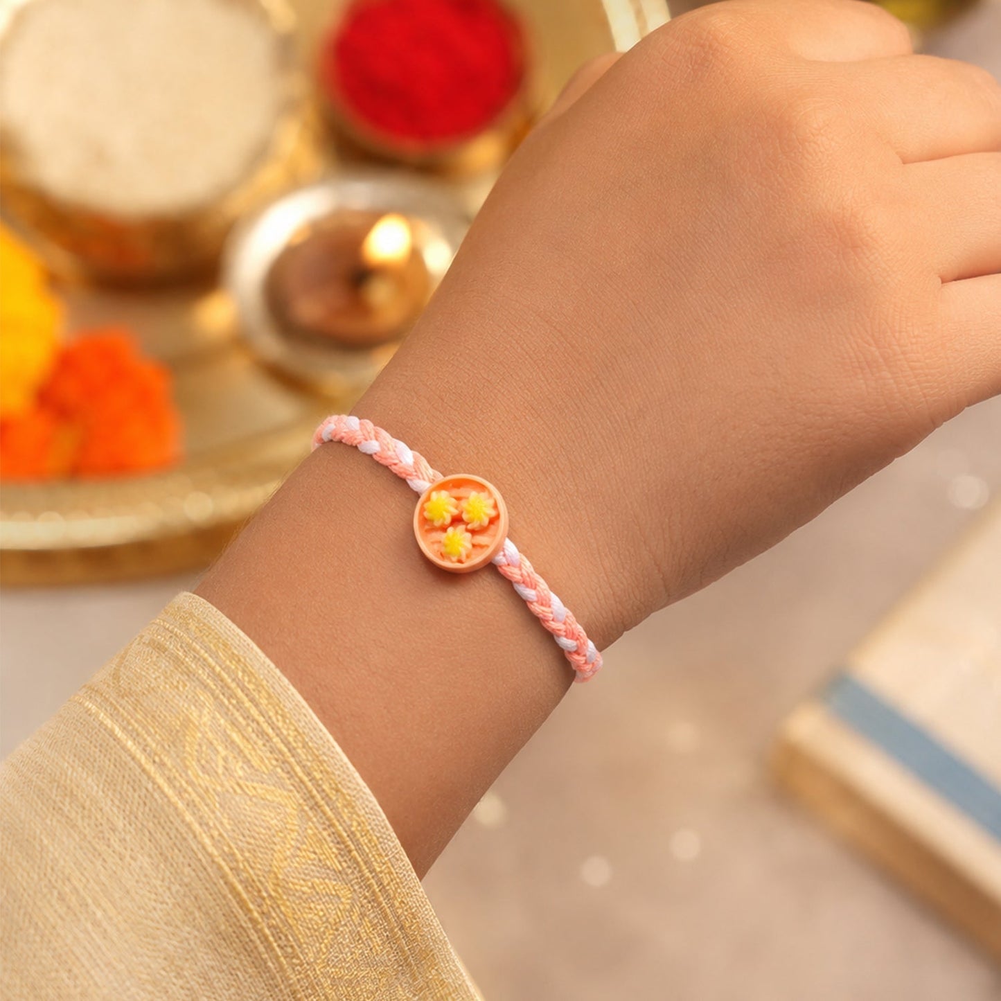 Stylish round charm Rakhi for brother on traditional background