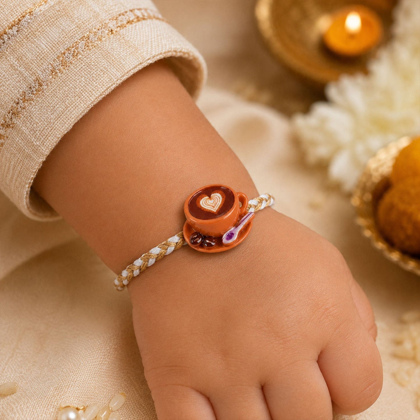 Stylish rakhi with coffee cup heart charm on white background