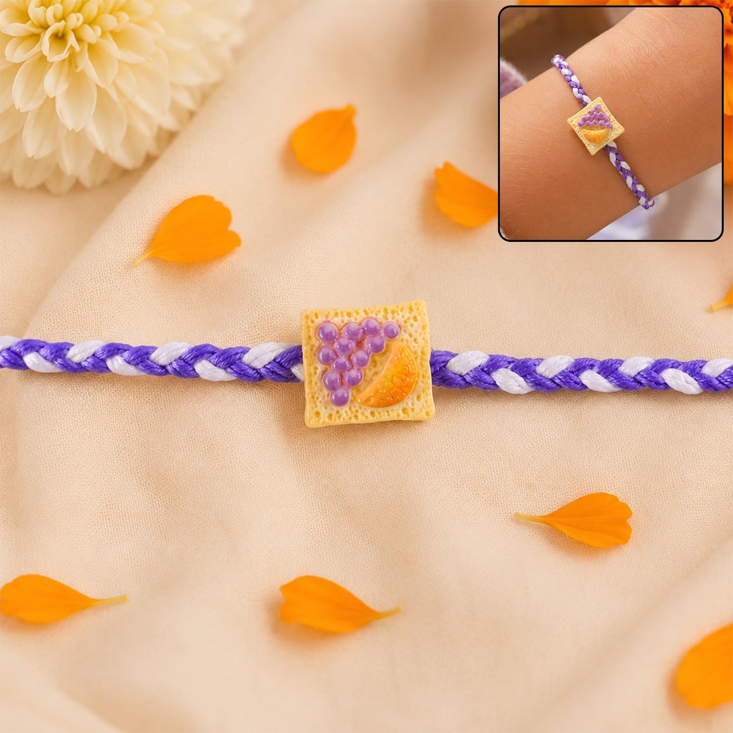 Front view of stylish Fruit Toast Charm braided thread Rakhi for Brother