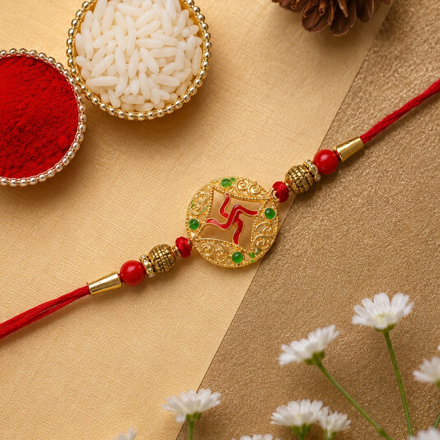 Designer beaded Rakhi with golden Swastik charm viewed from side angle
