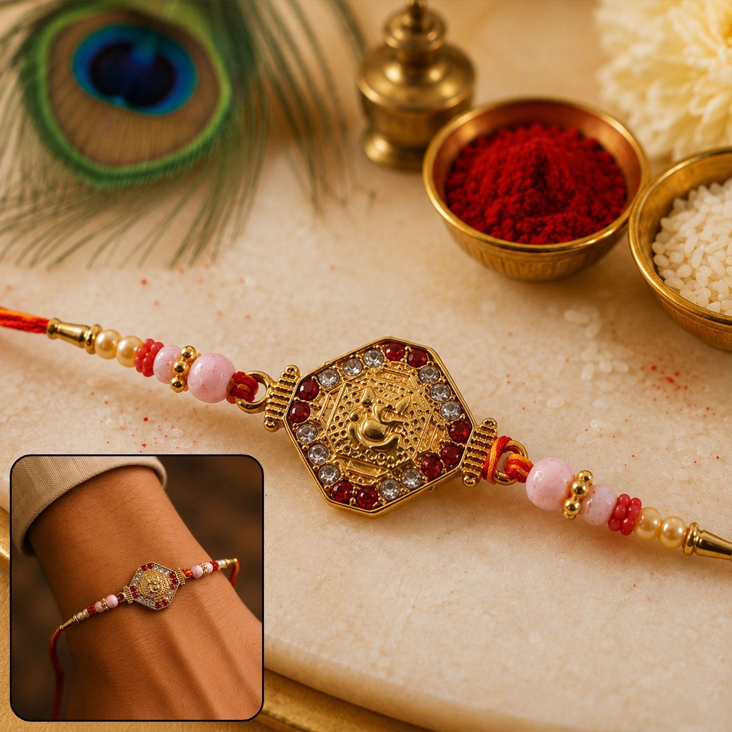 Ganesh hexagon stone charm rakhi with pearl beads top view, traditional festival accessory