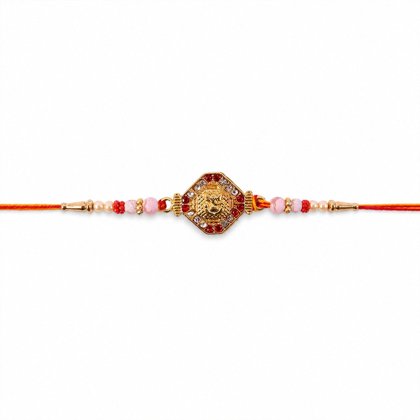 Detailed look at Ganesh hexagon stone charm rakhi with pearl beads
