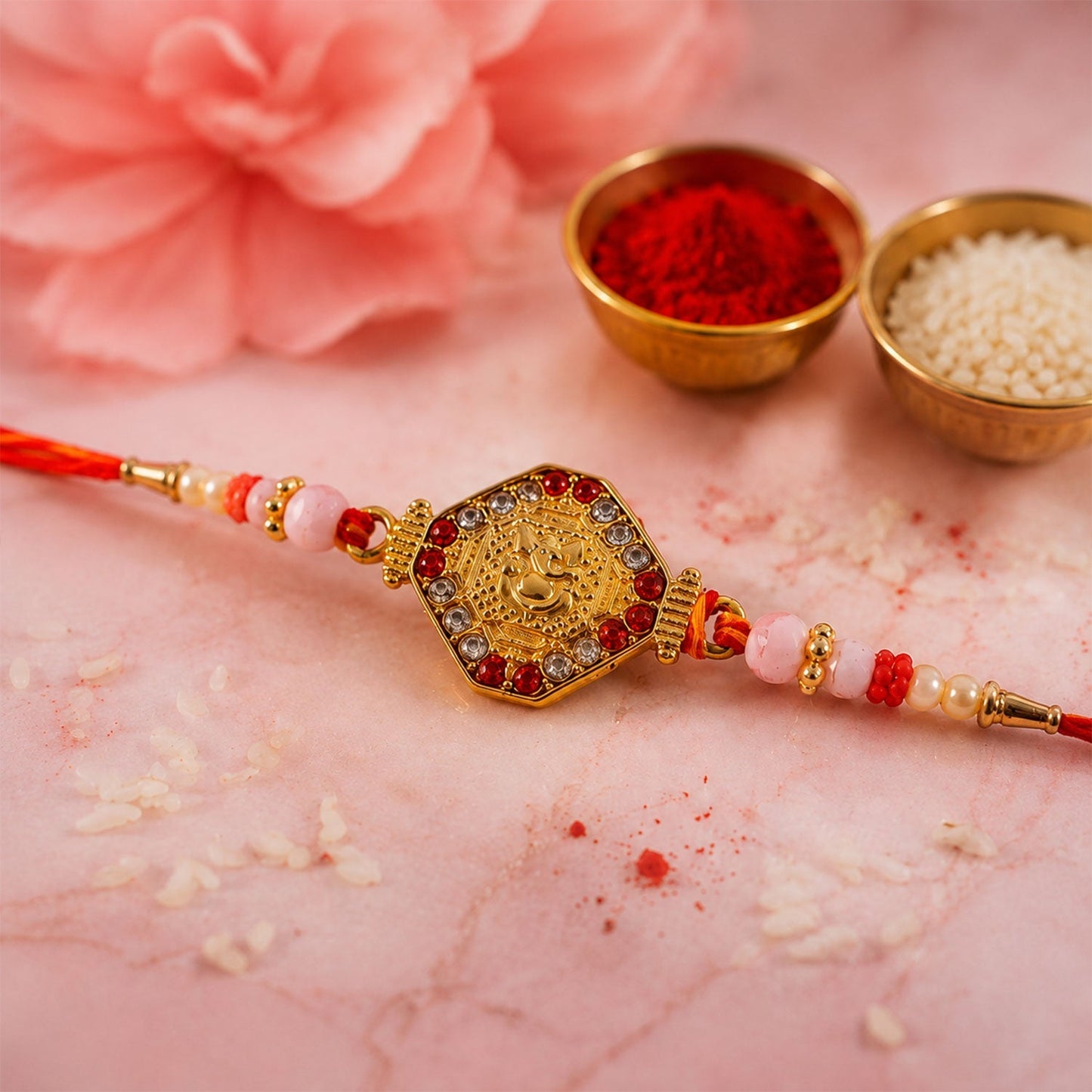 Rakhi tied with white thread, Ganesh hexagon charm with pearl beads