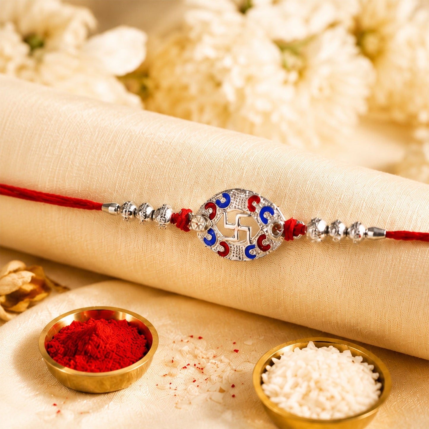 Close-up of Silver Swastik Oval Meena Charm Rakhi showcasing detailed craftsmanship