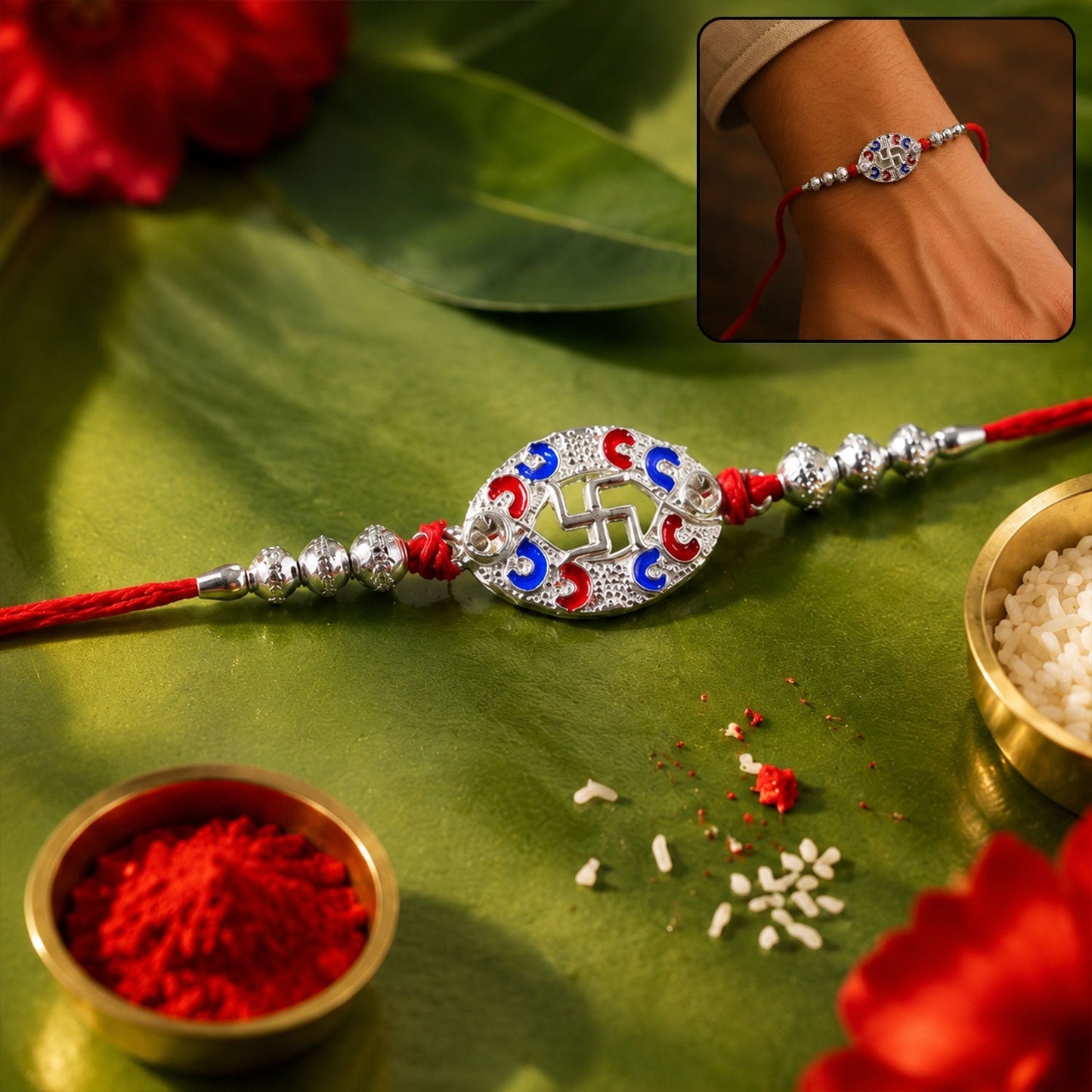 Silver Swastik Oval Meena Charm Dori Rakhi top view with intricate traditional design