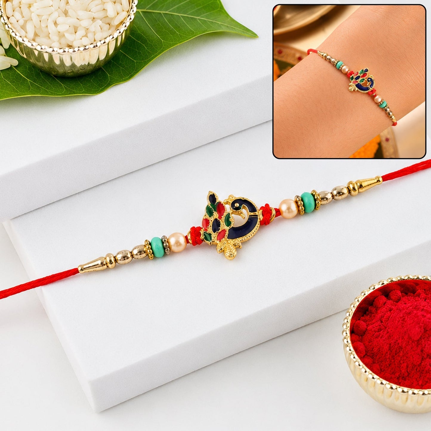 Meenakari Peacock Charm with Beads Rakhi designed for brother
