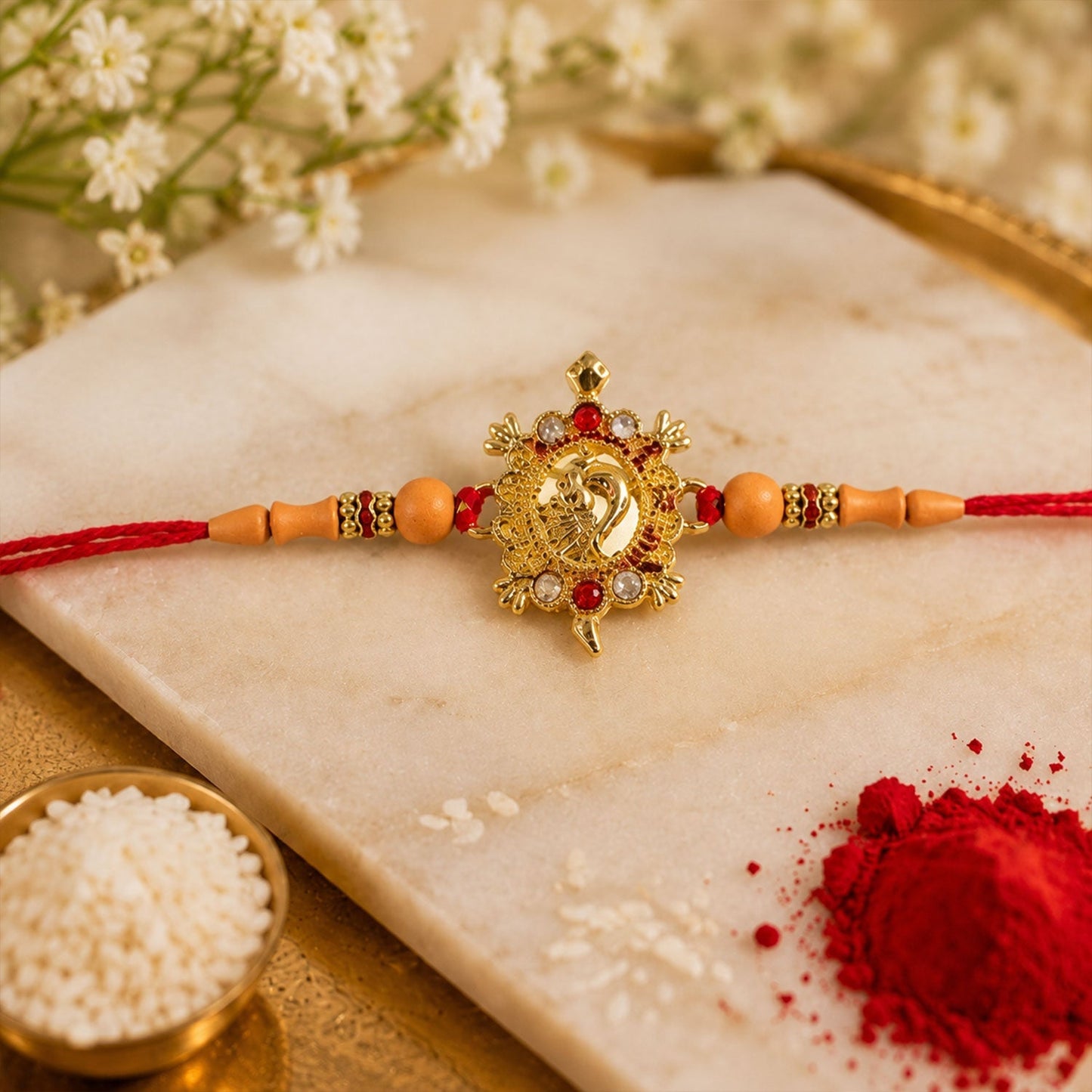 Full view of elegant Turtle Peacock Rakhi design