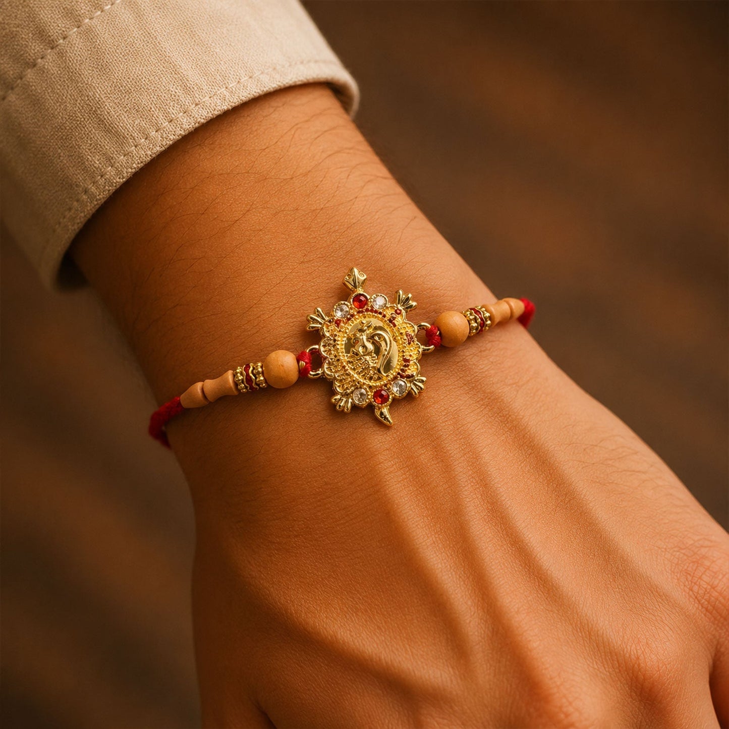 Close-up of Turtle Peacock Rakhi charm and colorful beads