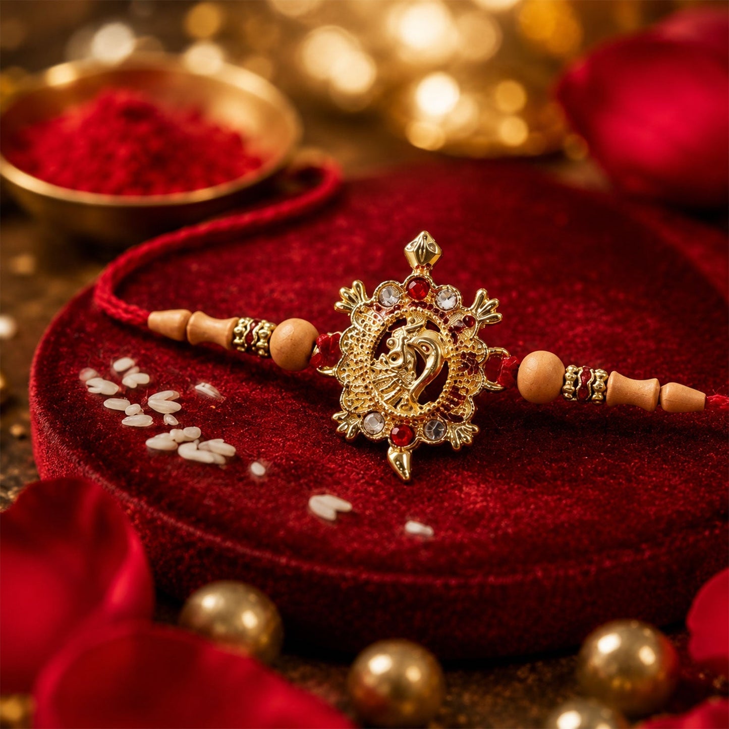 Side view of Turtle Peacock Rakhi with decorative beads