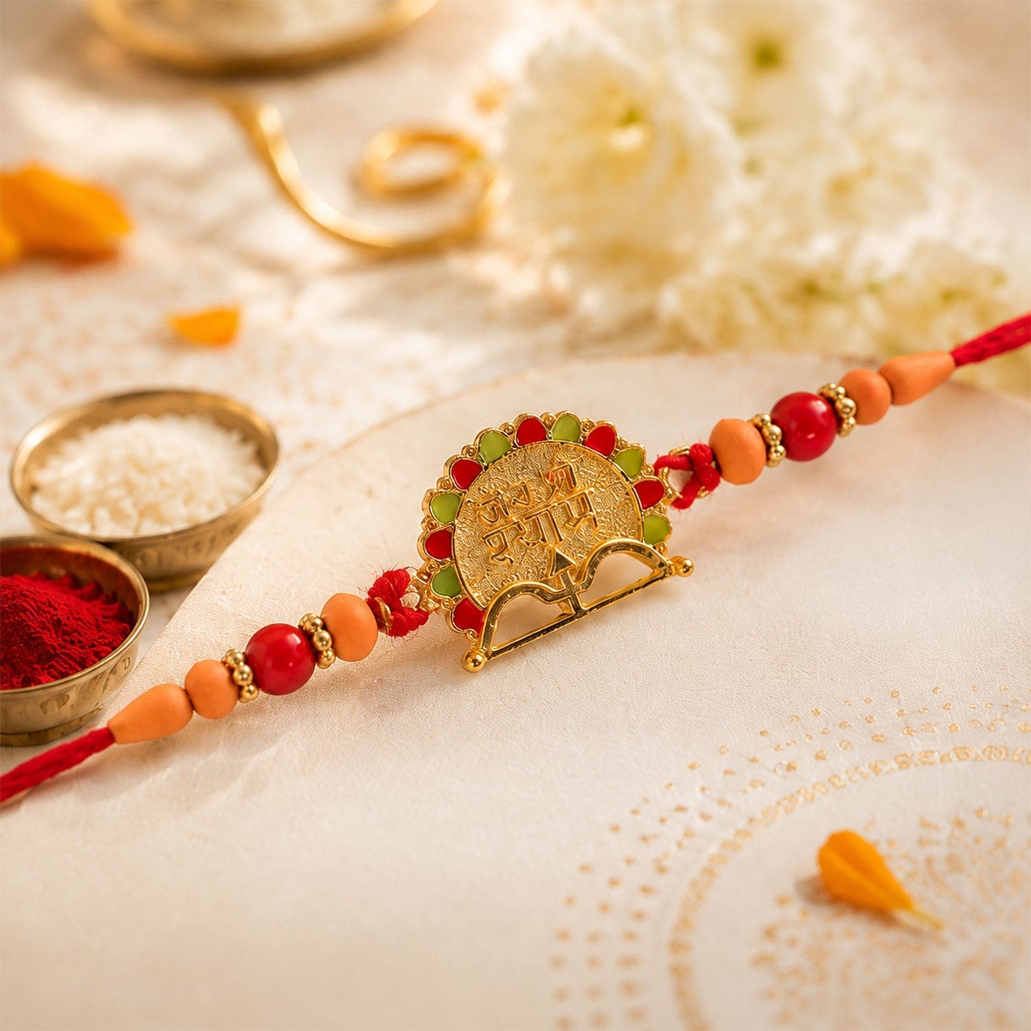 Top view of Jai Shree Shyam designer rakhi with beads for brother