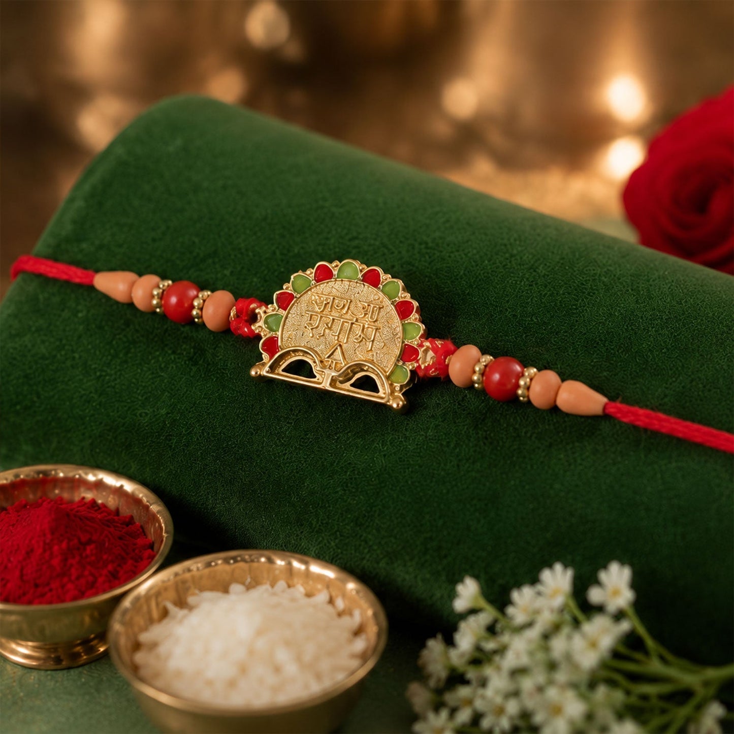 Jai Shree Shyam rakhi displaying coin charm and colorful beads