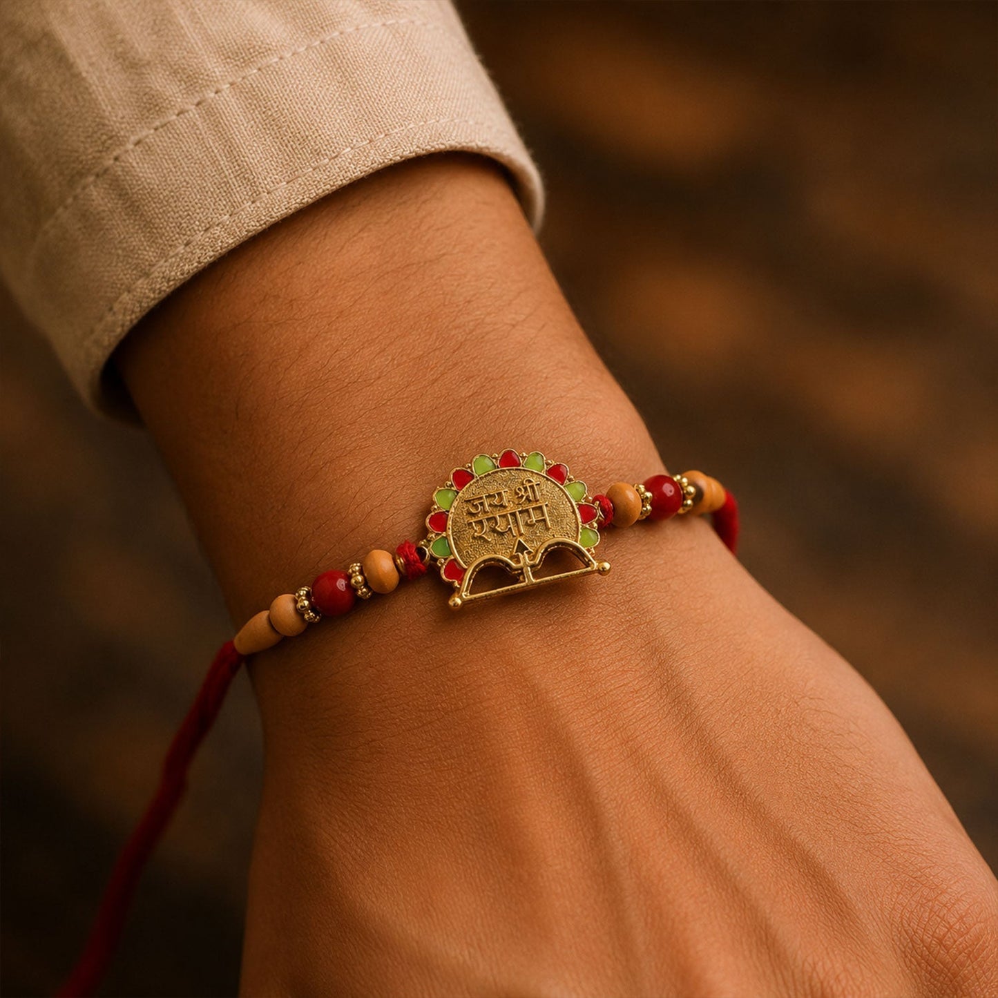 Side view of Jai Shree Shyam bead rakhi tied on wrist showcasing design