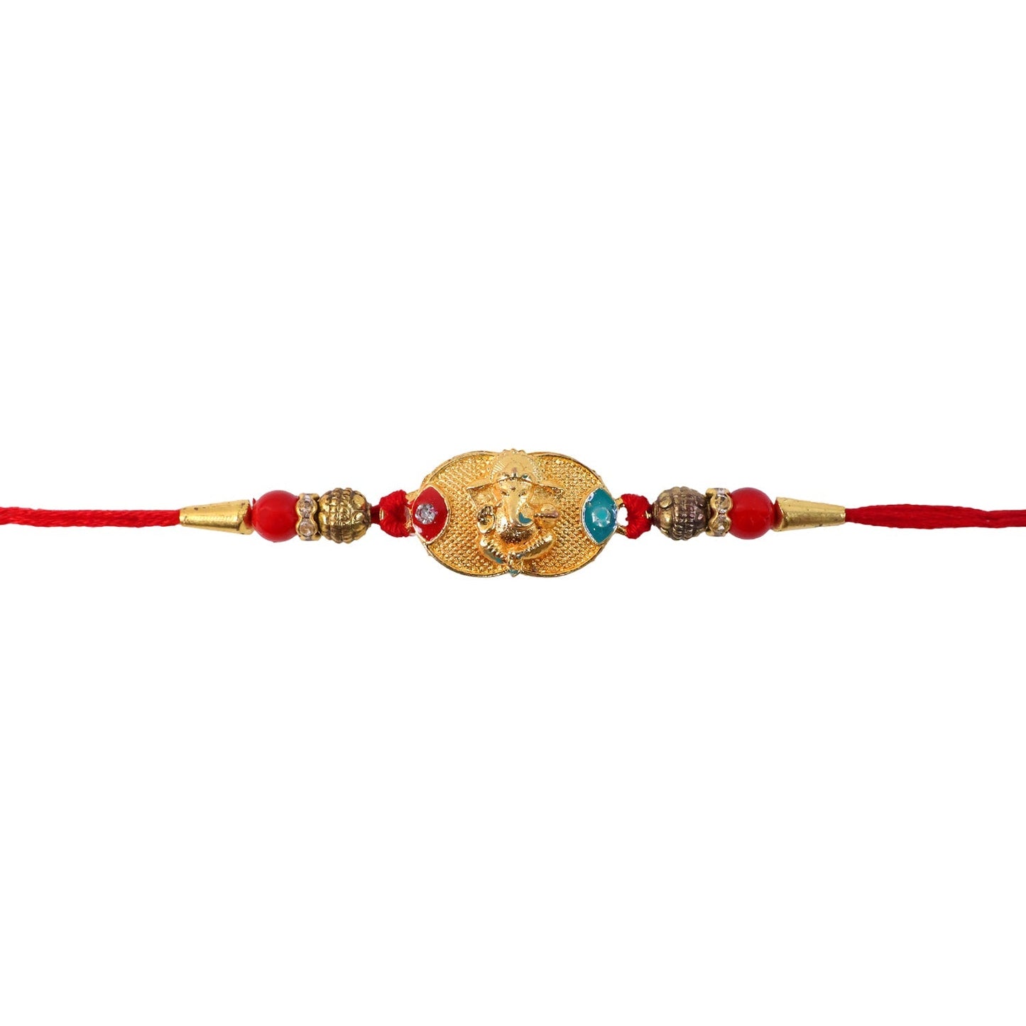 Golden Ganesh oval charm Rakhi tied with decorative thread