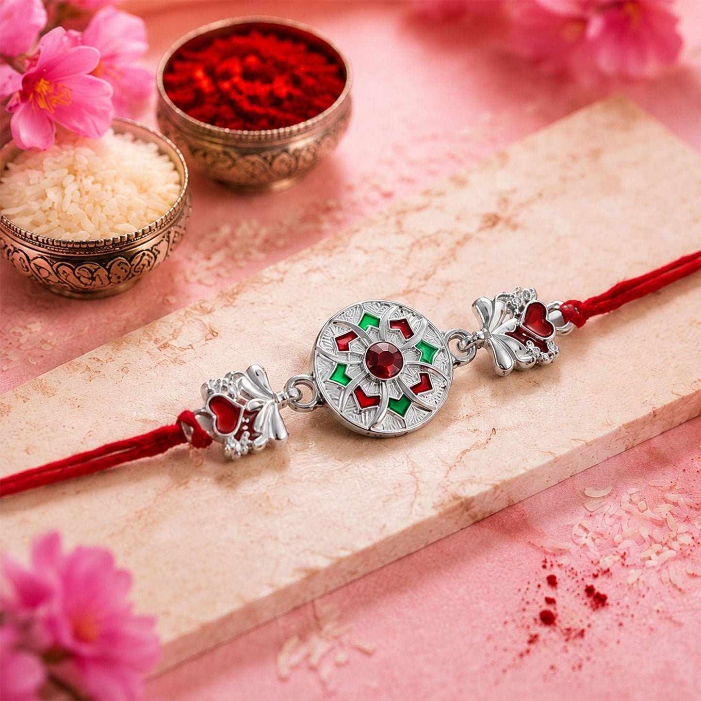Close-up of Silver Chakra Meena Heart Rakhi showing charm details