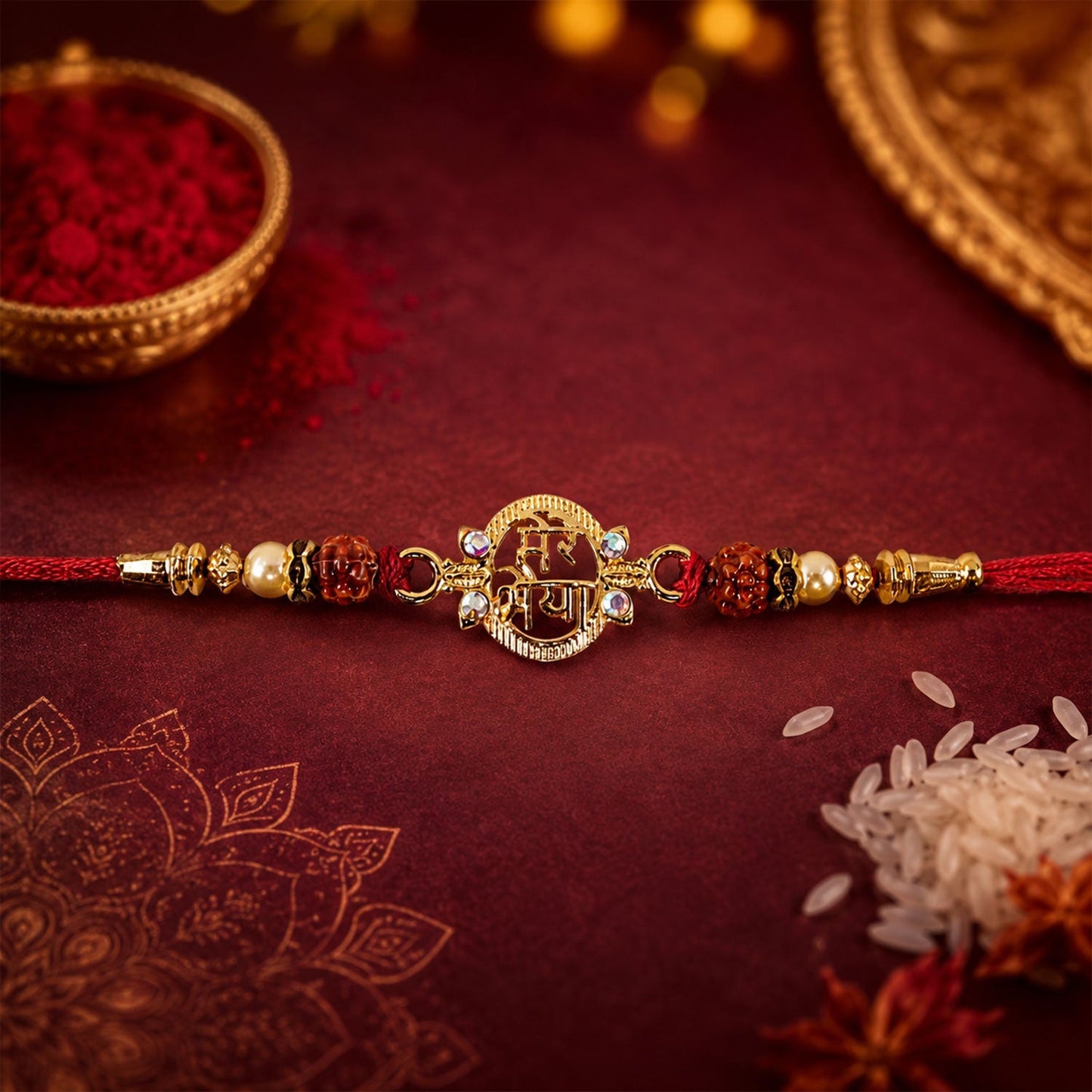 Rakhi tied on a hand, showcasing the Pearl Rudraksha design