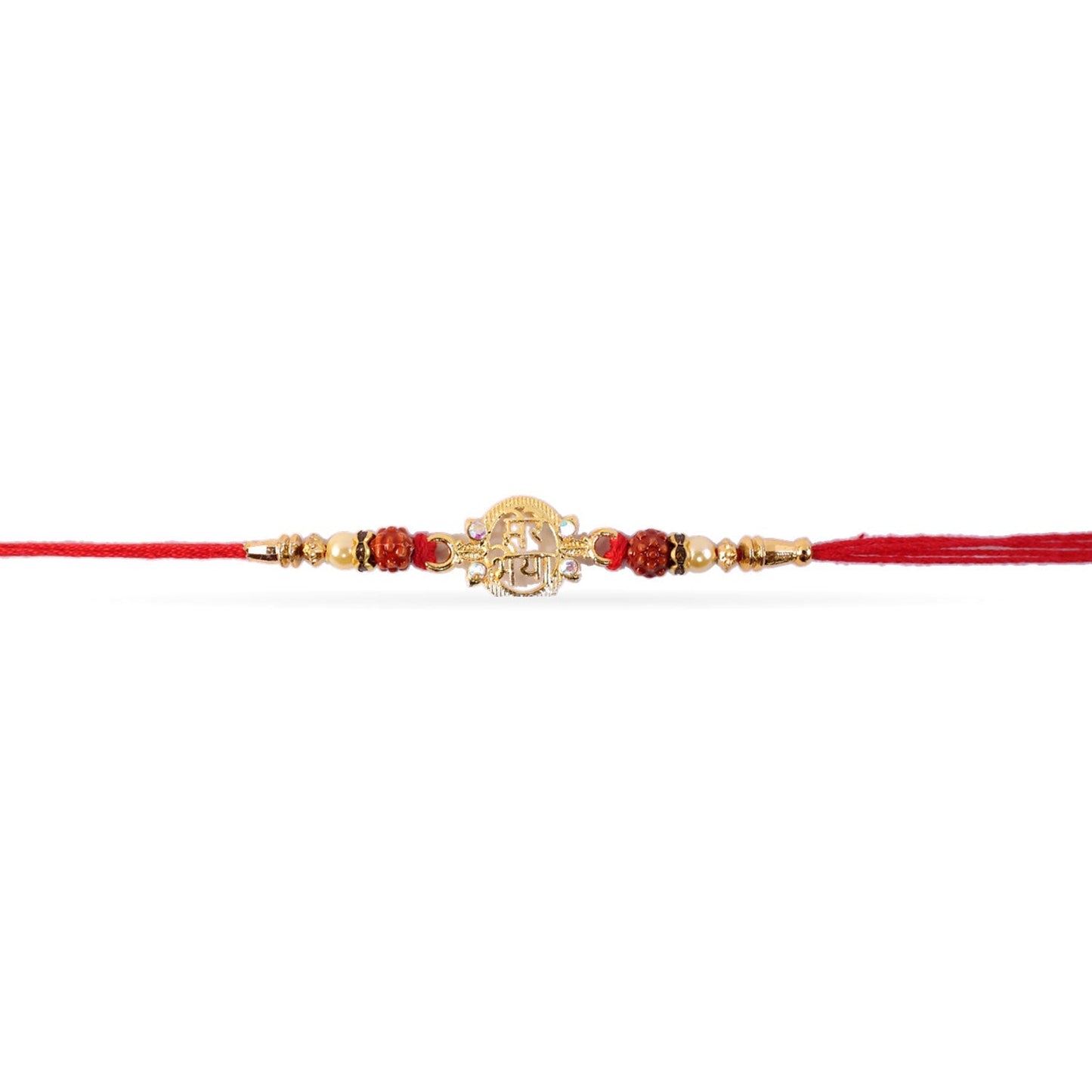 Detailed view of pearl and Rudraksha beads on the Rakhi