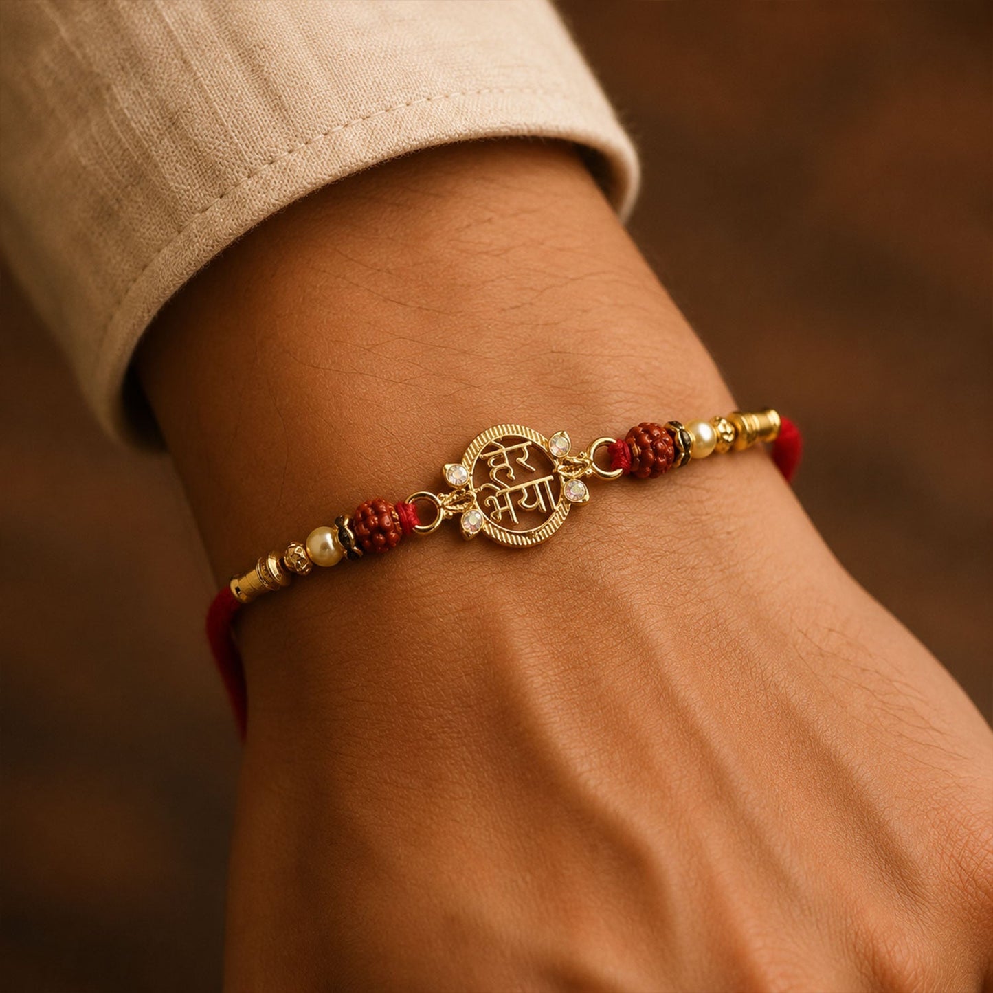 Close-up of Rudraksha and pearl beads on a stylish rakhi