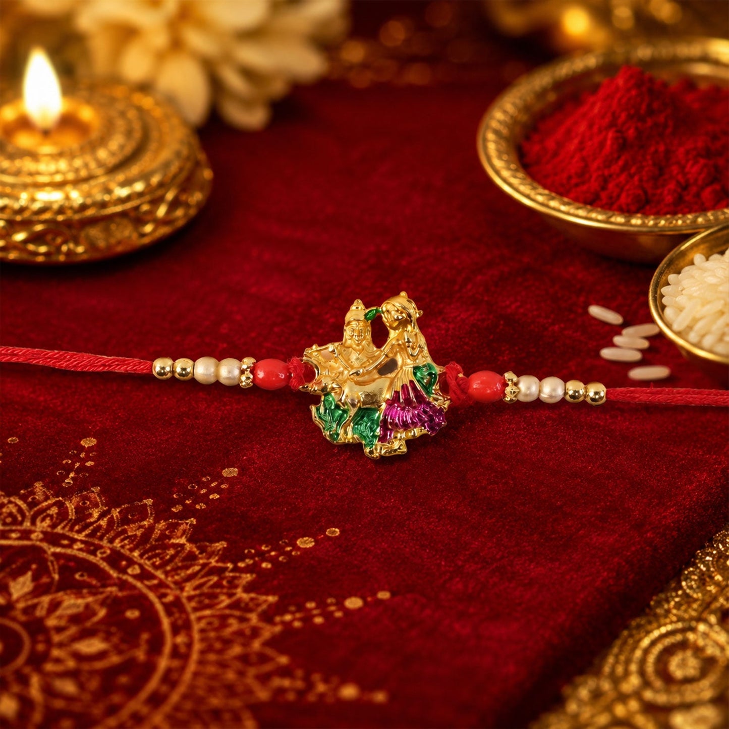 Radha Krishna Meena Rakhi tied on wrist with beads