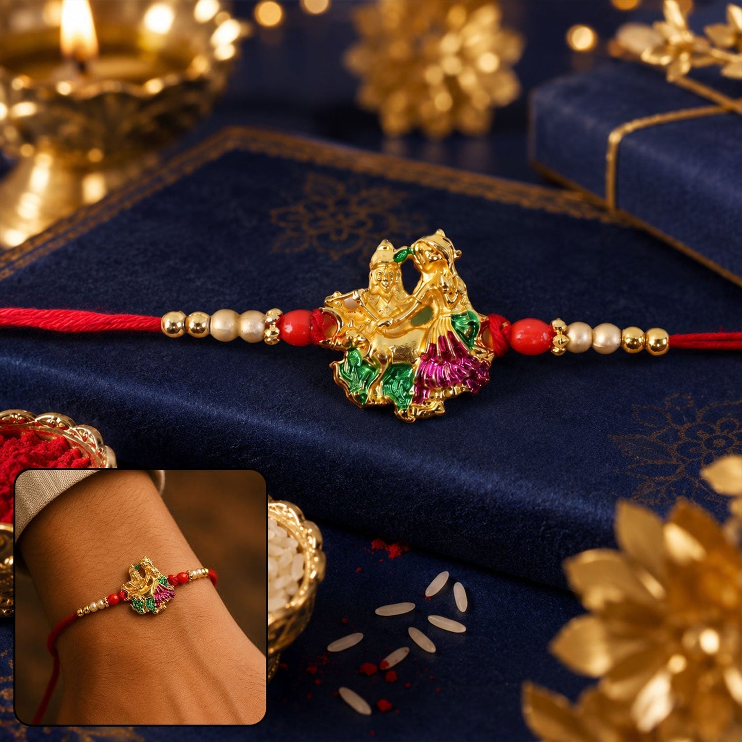 Close-up of Radha Krishna Meena Beads Designer Rakhi detailed view