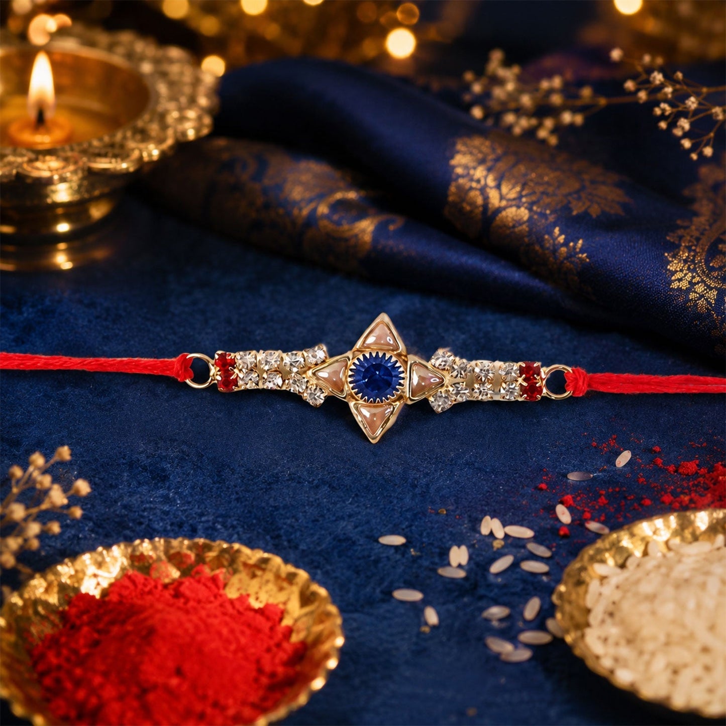 Side angle of Crystal Star Stone Rakhi highlighting craftsmanship