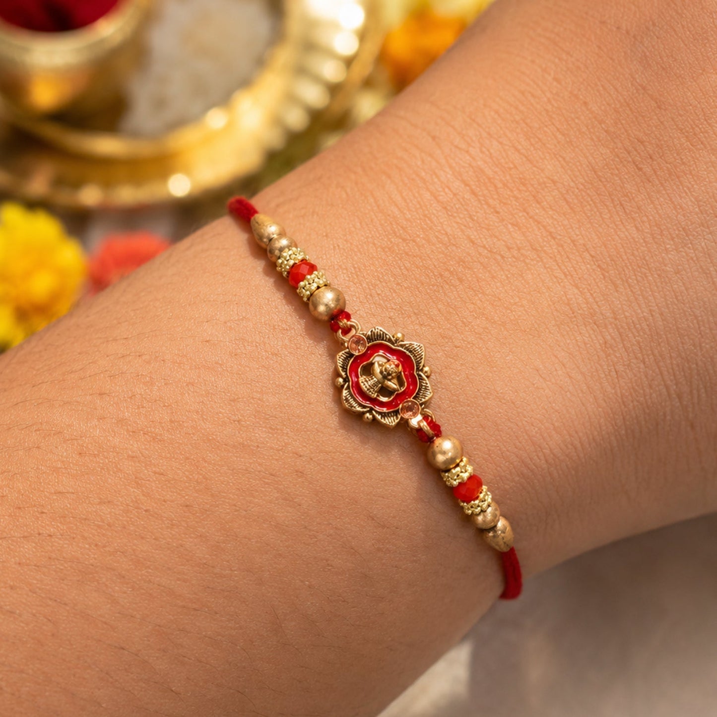Side angle of traditional Shivling Rakhi with beads