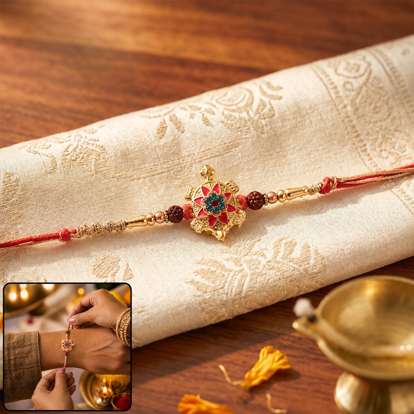 Close-up of Tortoise Flower Stone & Rudraksha Beads Rakhi