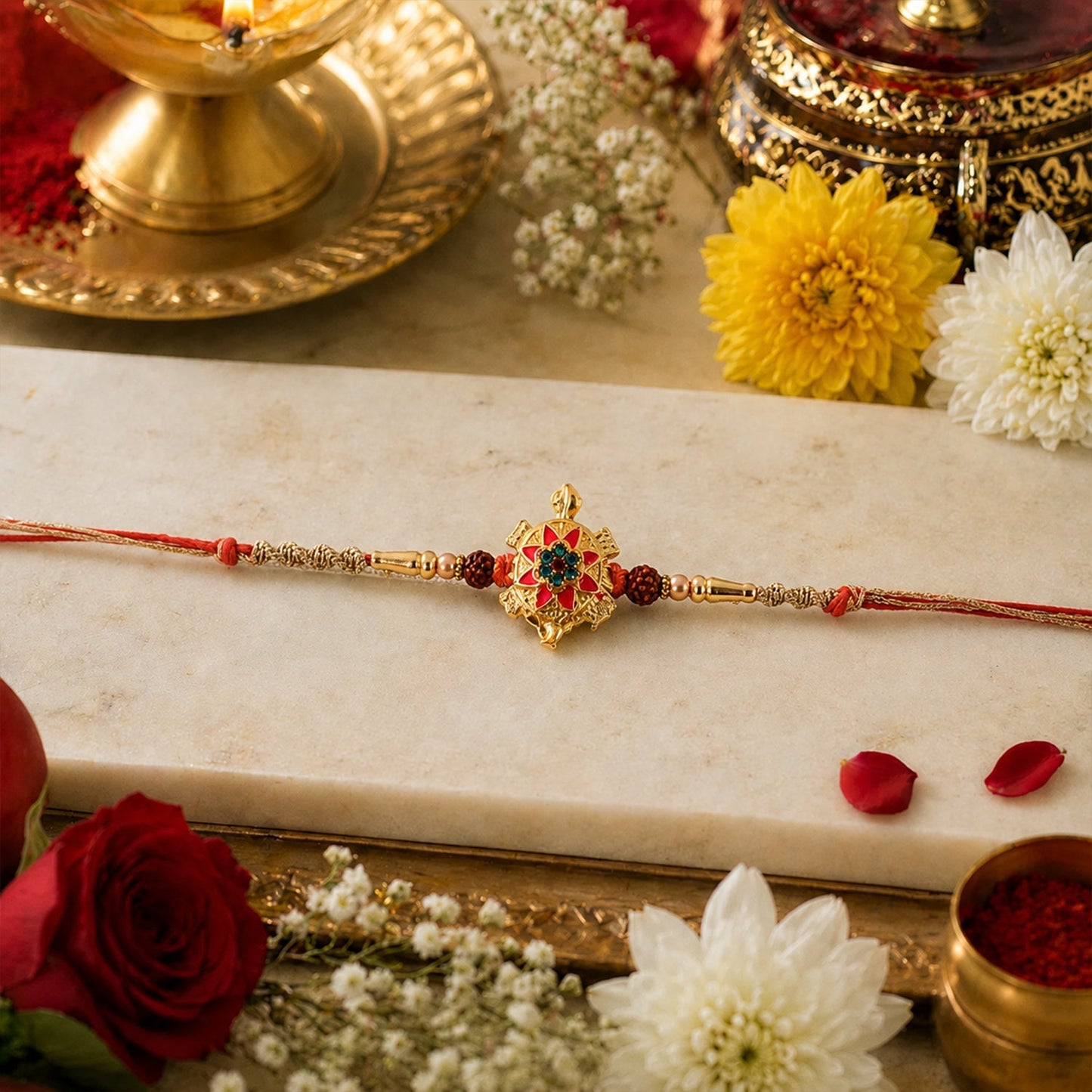 Designer Rakhi with tortoise flower stone and Rudraksha beads on display
