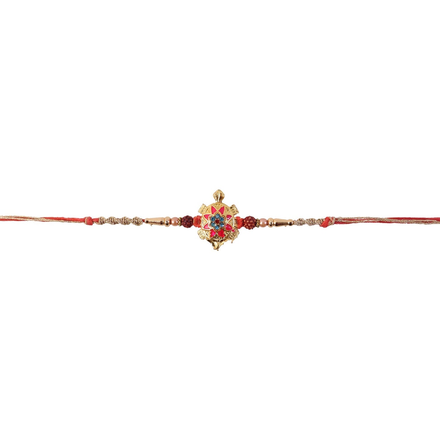 Rakhi tied with intricate tortoise flower charm and Rudraksha beads