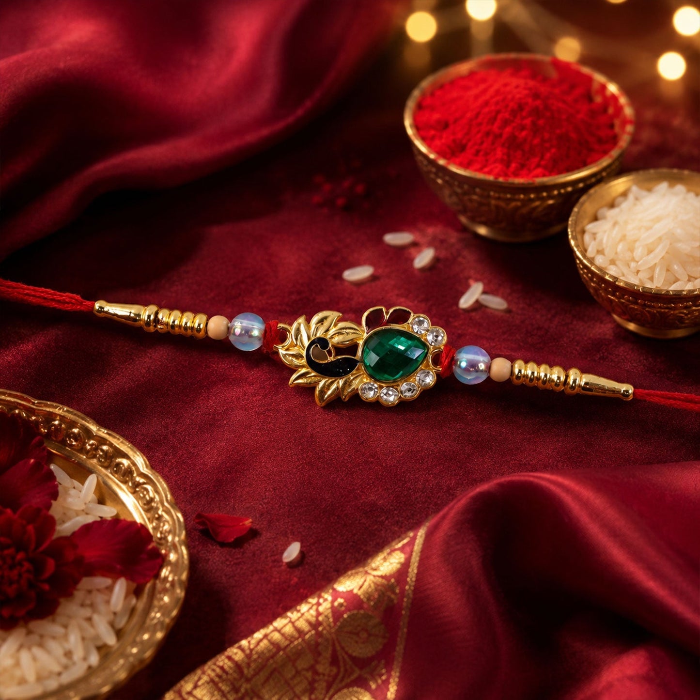 Side view of Peacock Emerald Stone Rakhi with Pearl Beads highlighting craftsmanship