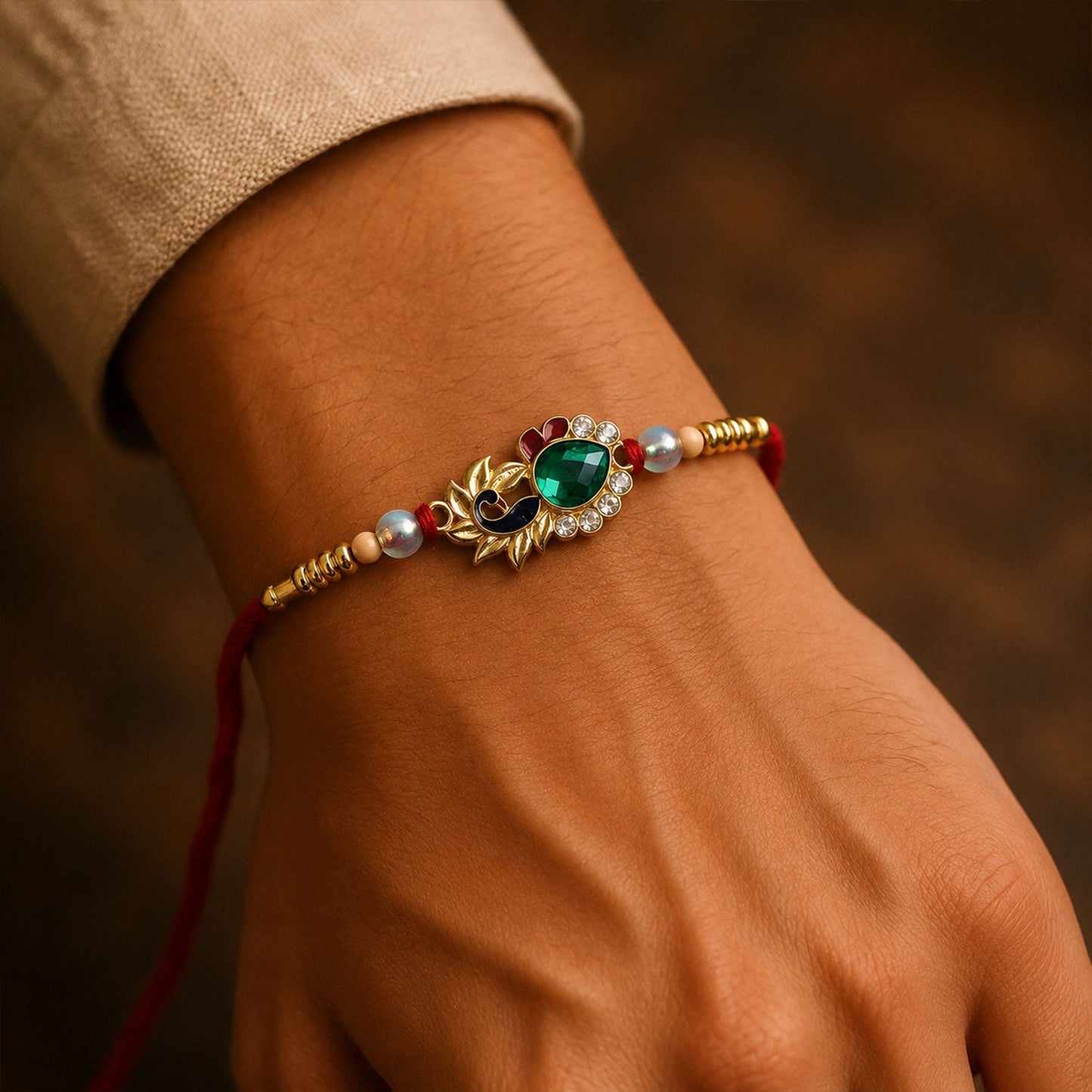 Close-up of peacock motif with emerald stones and pearl beads on Rakhi