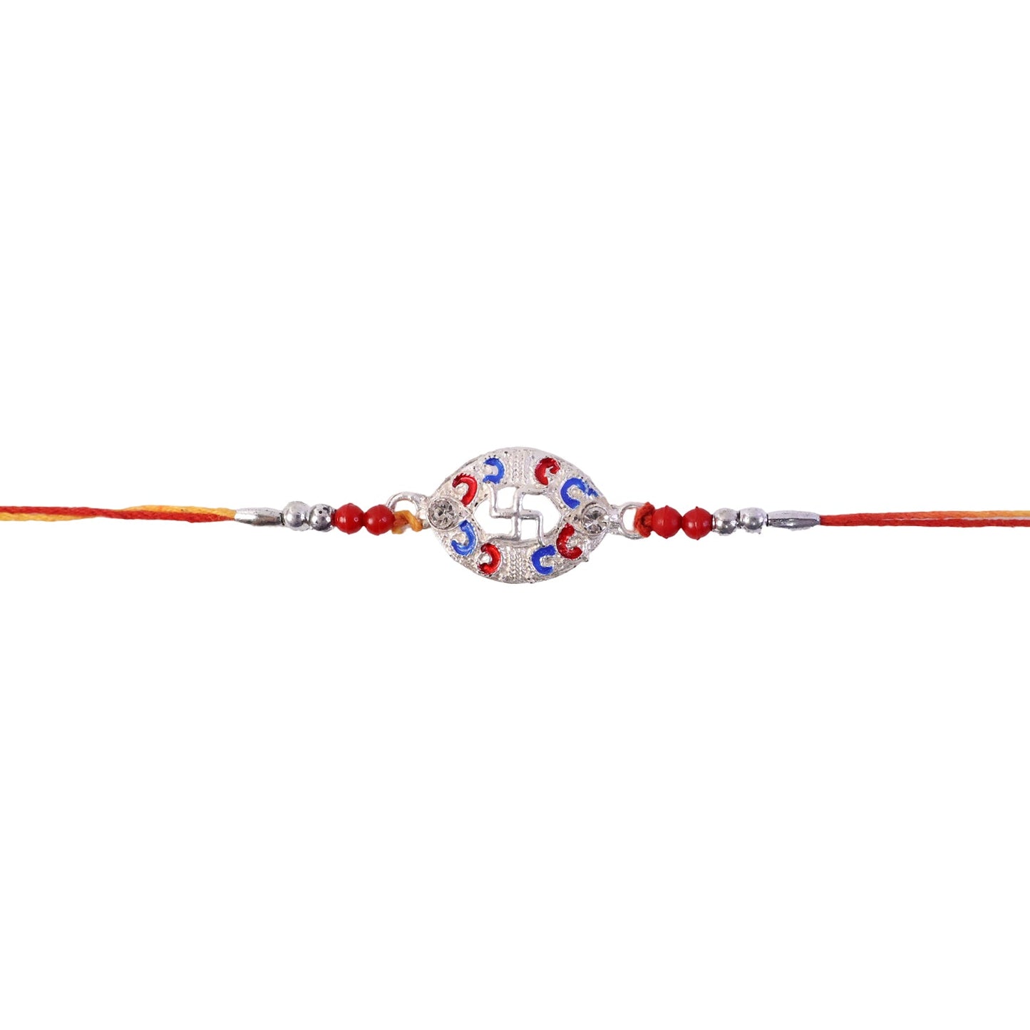 Festive display of Silver Swastik Meena Oval Charm Rakhi with beads