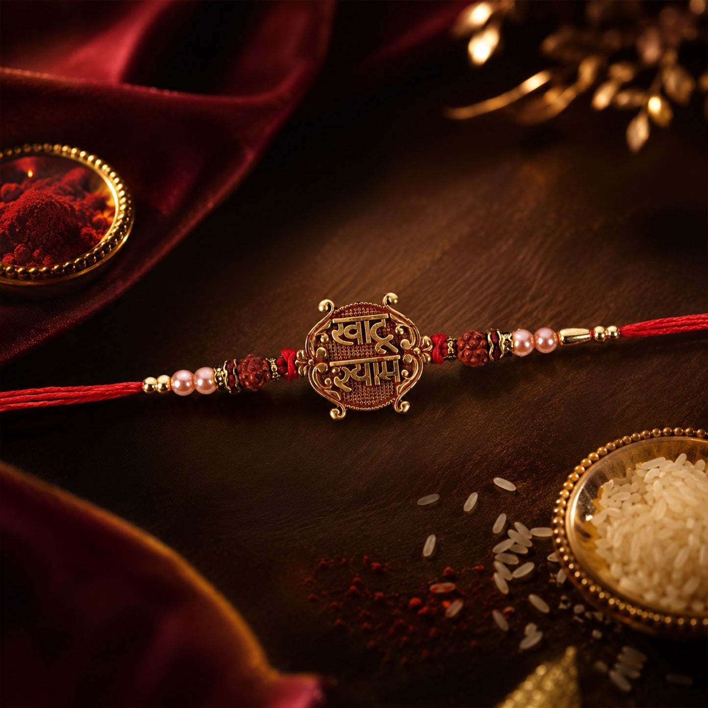 Rakhi with Rudraksha beads on a wrist during festival