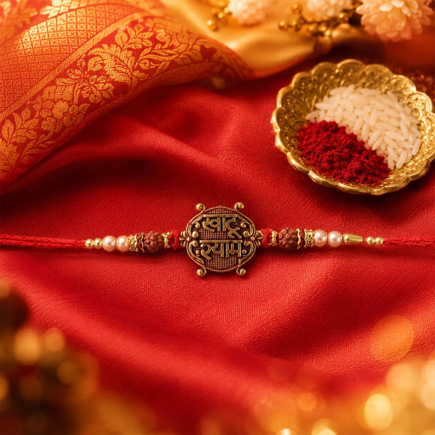 Top view of Khatu Shyam Antique Charm Rakhi showing intricate design