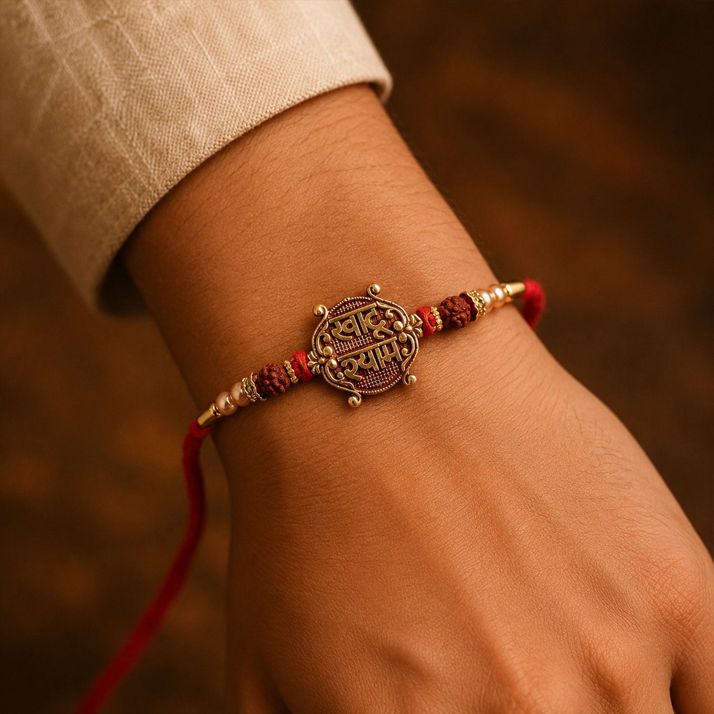 Festive packaging of Khatu Shyam Rakhi with Rudraksha beads