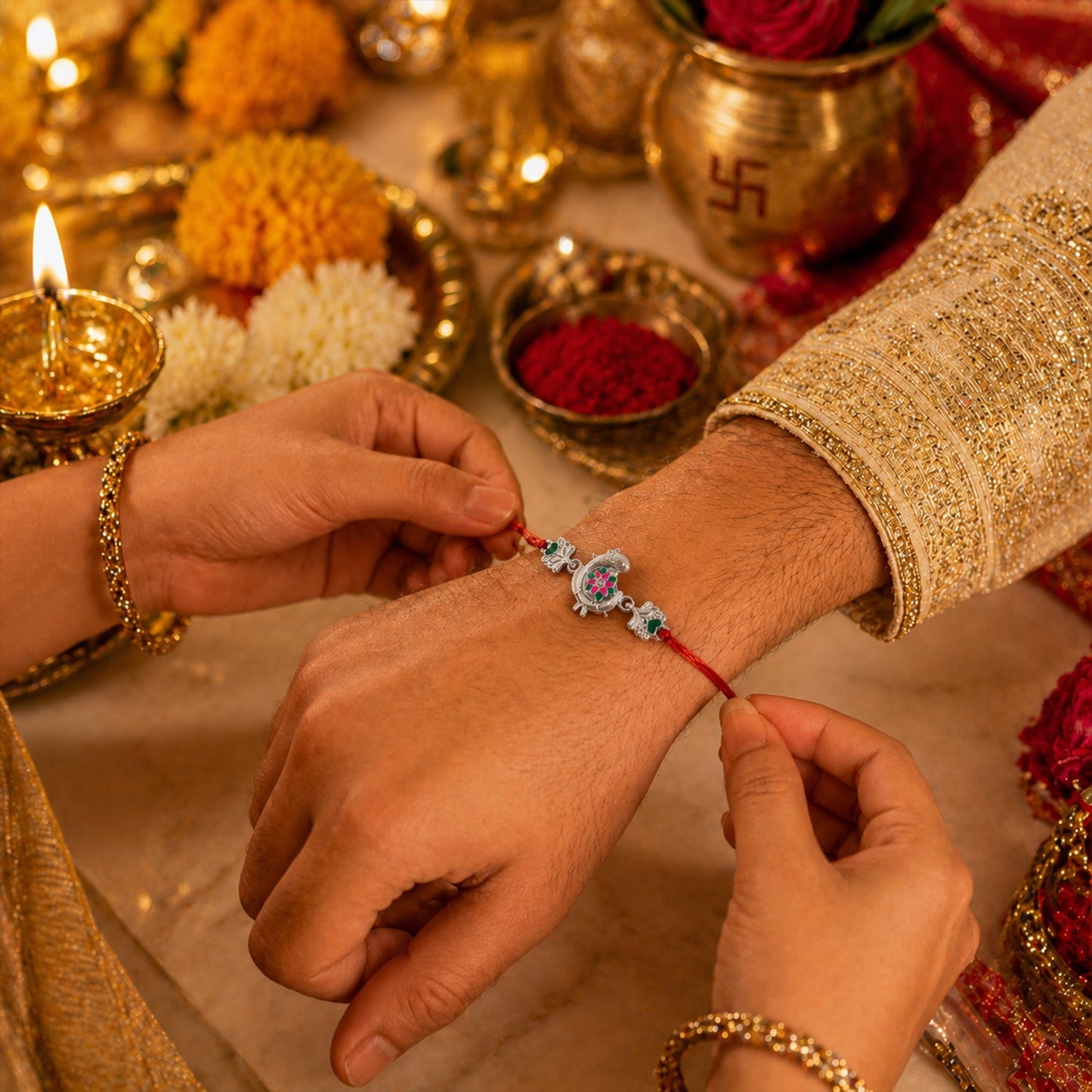 Front view of Silver Peacock Flower Heart Rakhi displaying craftsmanship