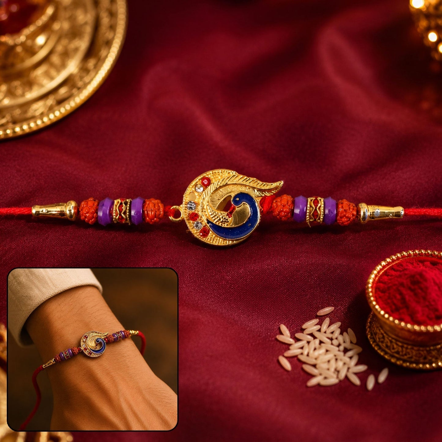 Close-up of Golden Mor Feather Charm Beads Rakhi, traditional design for brothers