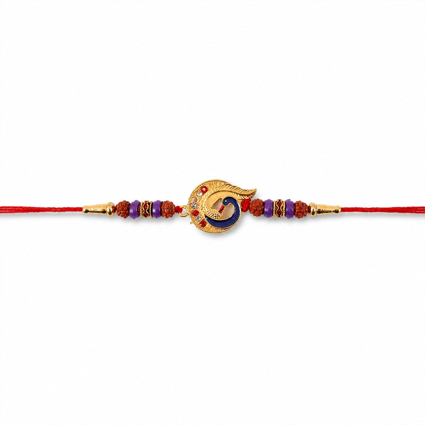 Rakhi tied with thread showing golden feather and beads, traditional look