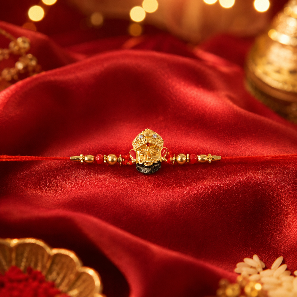 Side view of golden divine face charm rakhi with design details