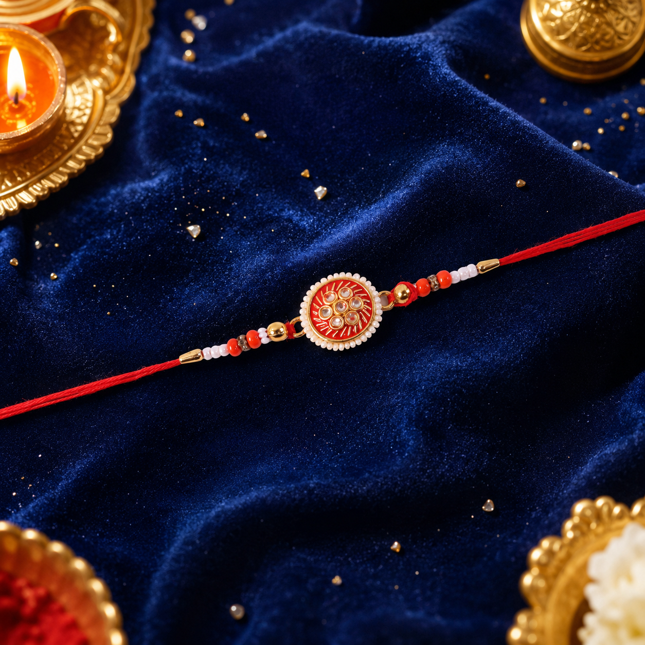 Top view showcasing pearl charm on Golden Meena Kundan Rakhi