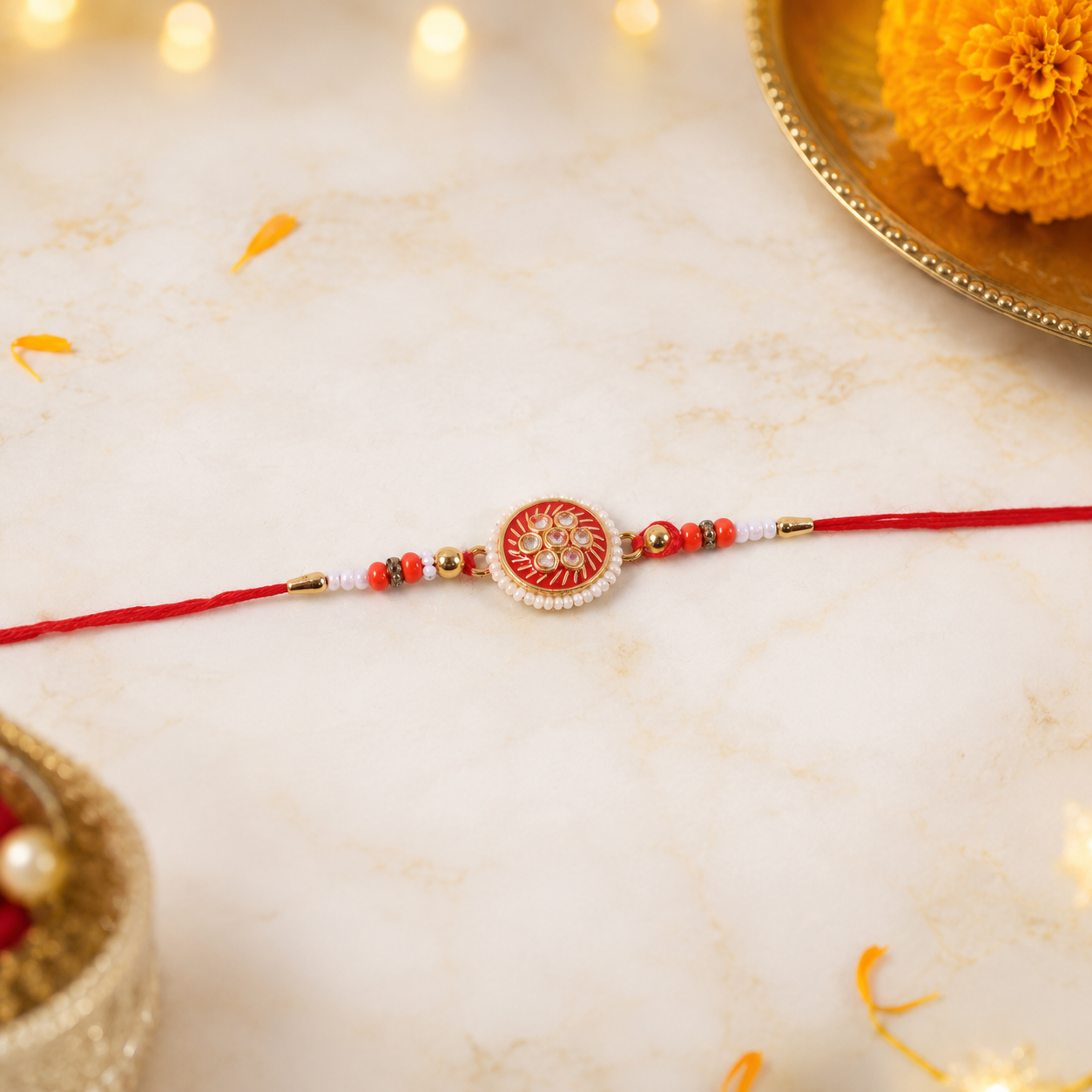 Side view of Golden Meena Kundan Pearl Rakhi highlighting craftsmanship