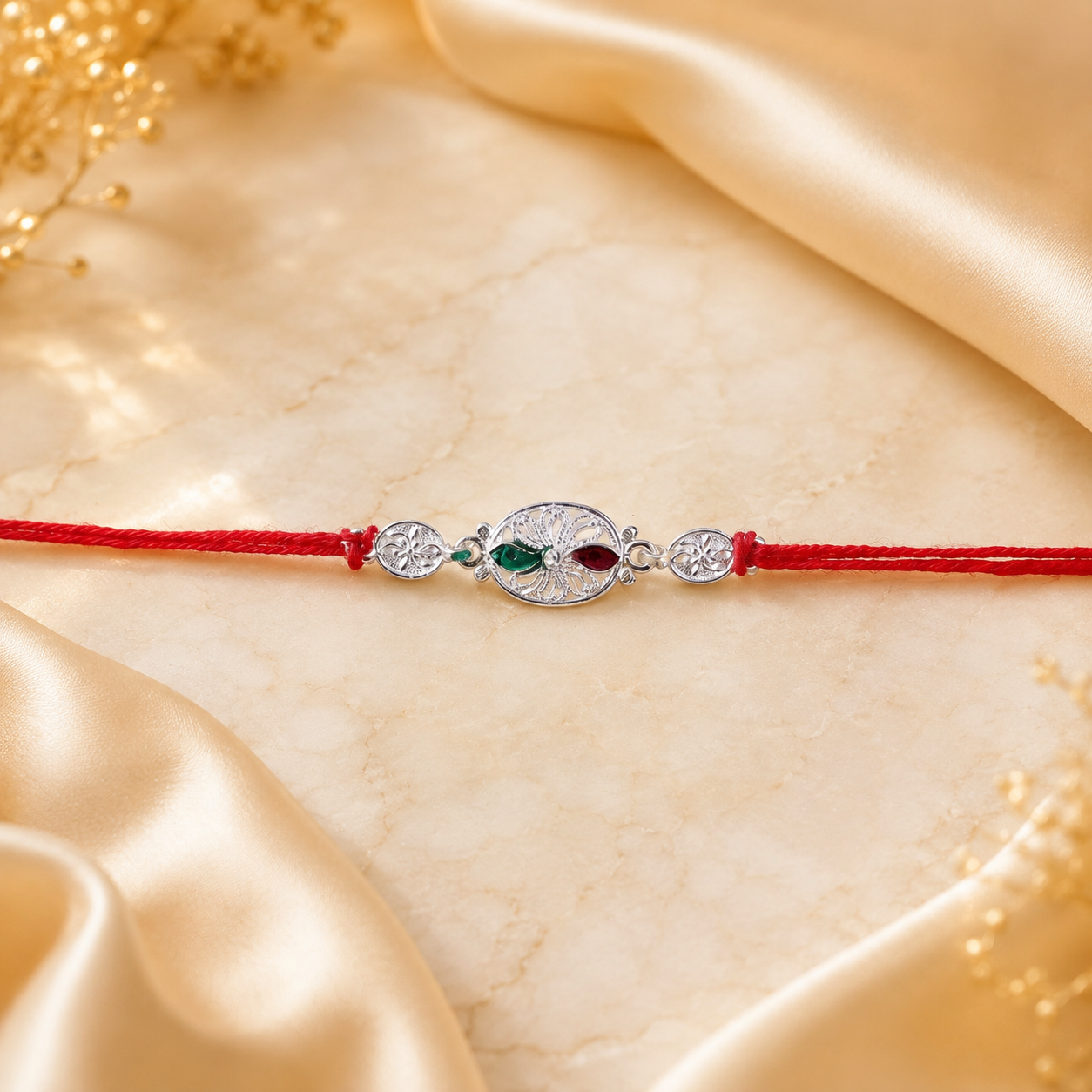 Silver Floral Stone Rakhi laid flat showcasing Dori detail