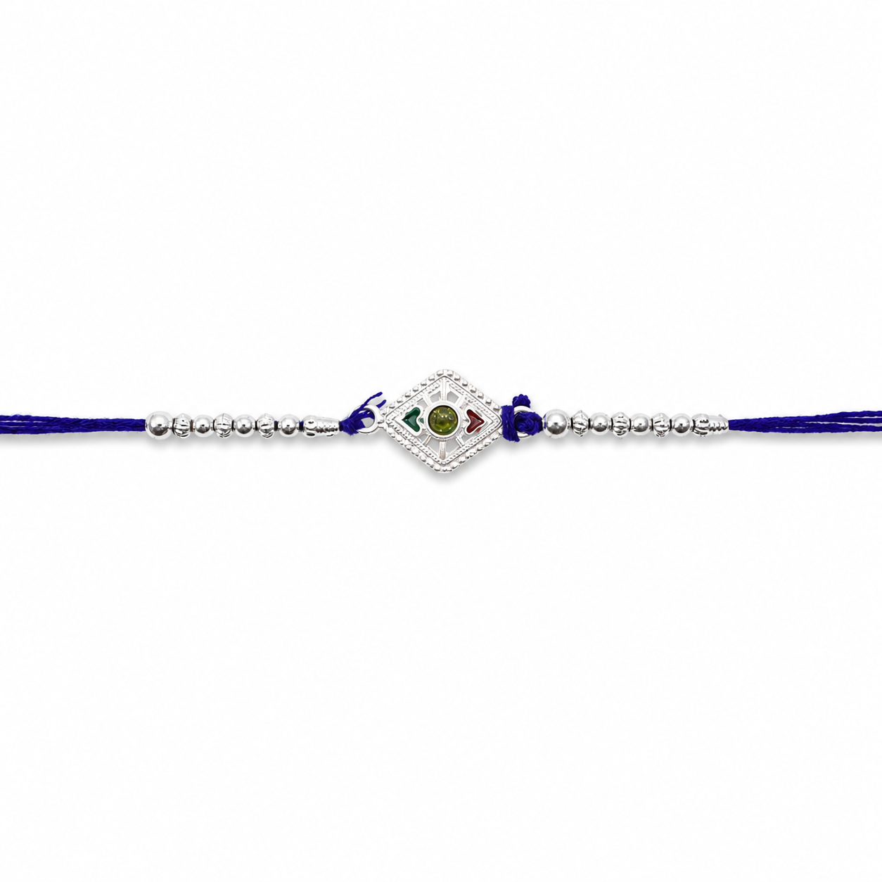 Beautiful Silver Kite Rakhi with stone charm and beads on a clean background.