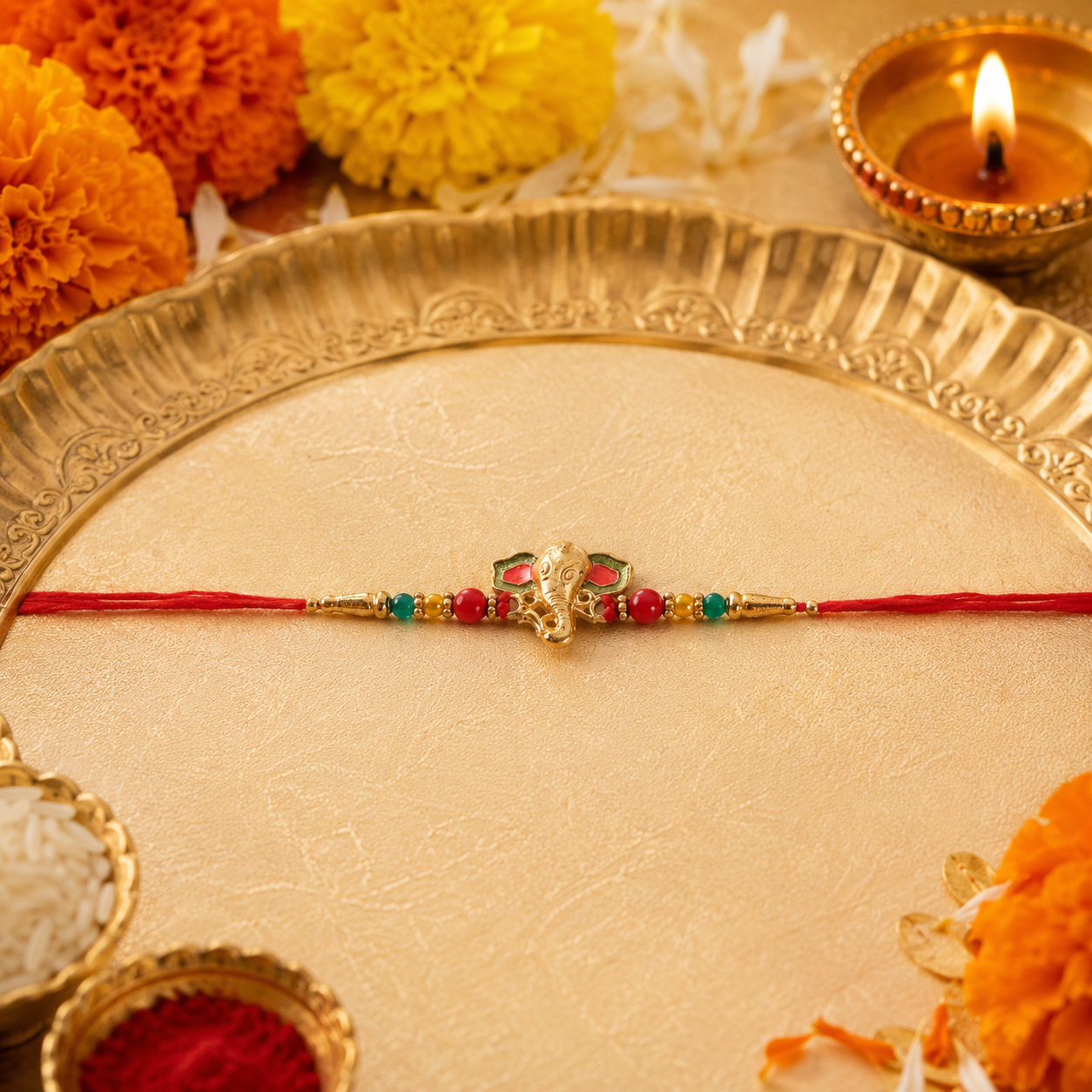 Side view of Ganesha rakhi with multicolored beads