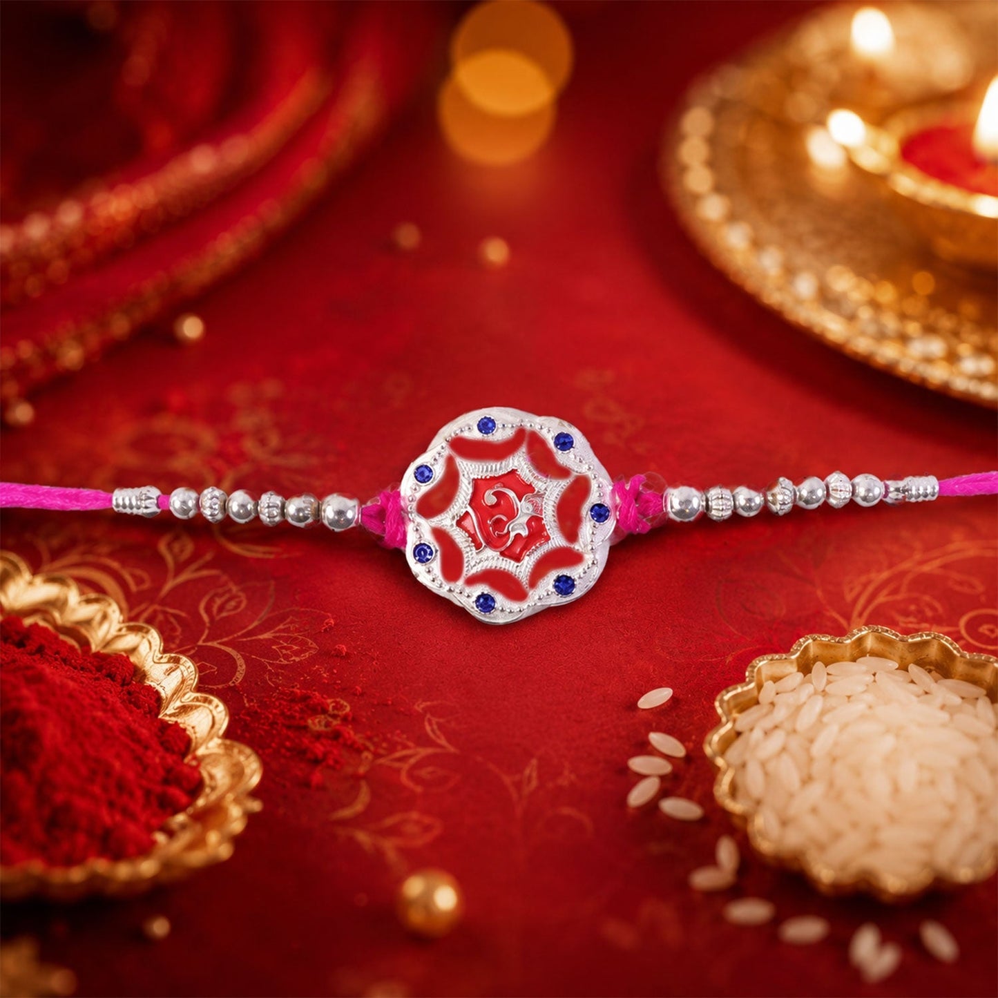 Close-up of silver floral stone charm rakhi with beads, traditional & stylish