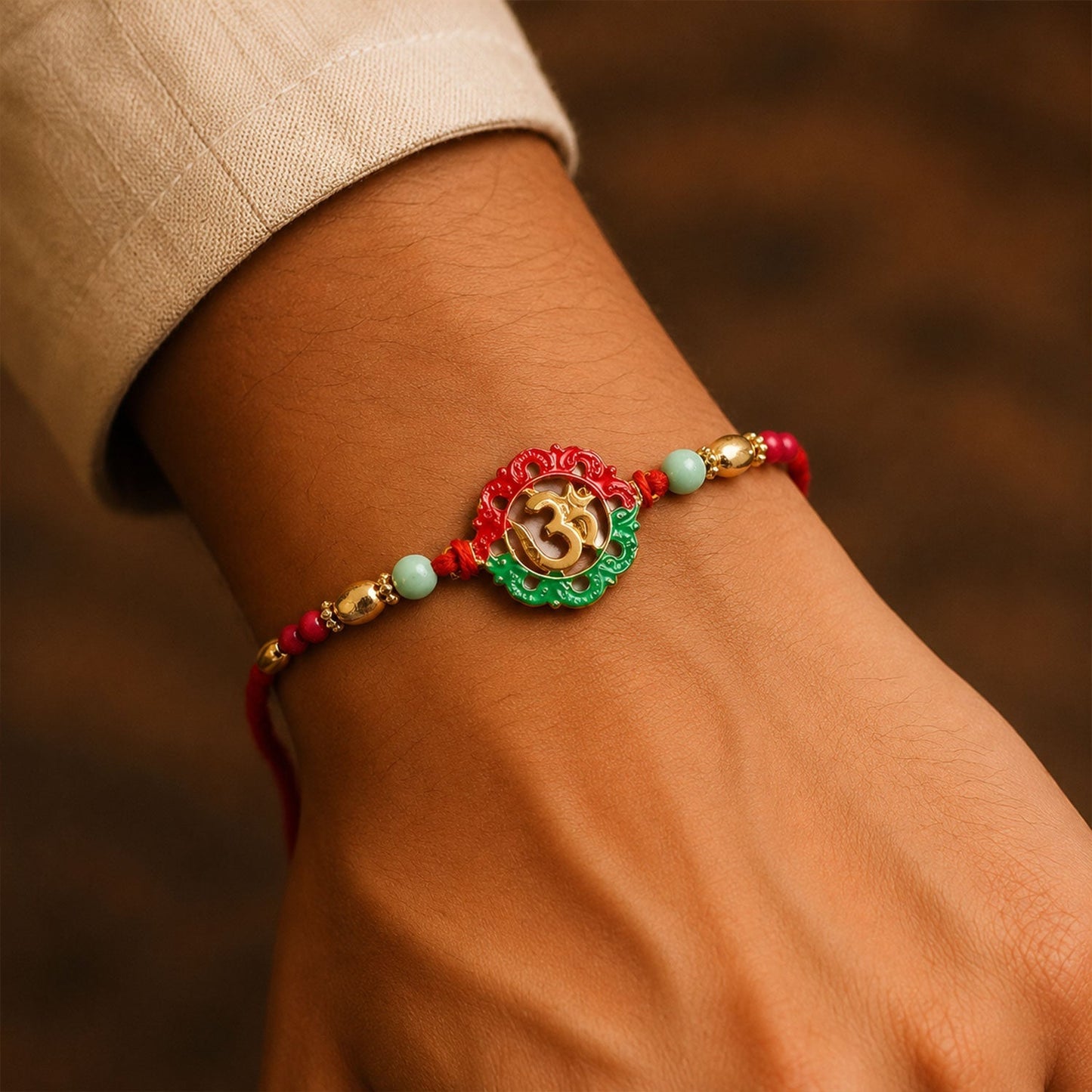 Elegant golden Om rakhi for brother, ideal for festive gifting