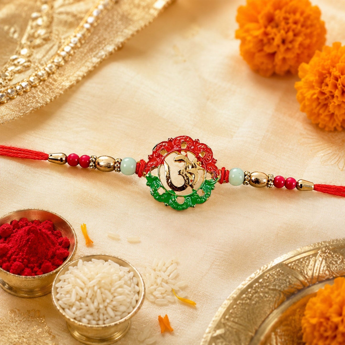 Golden Om rakhi with traditional and modern design elements