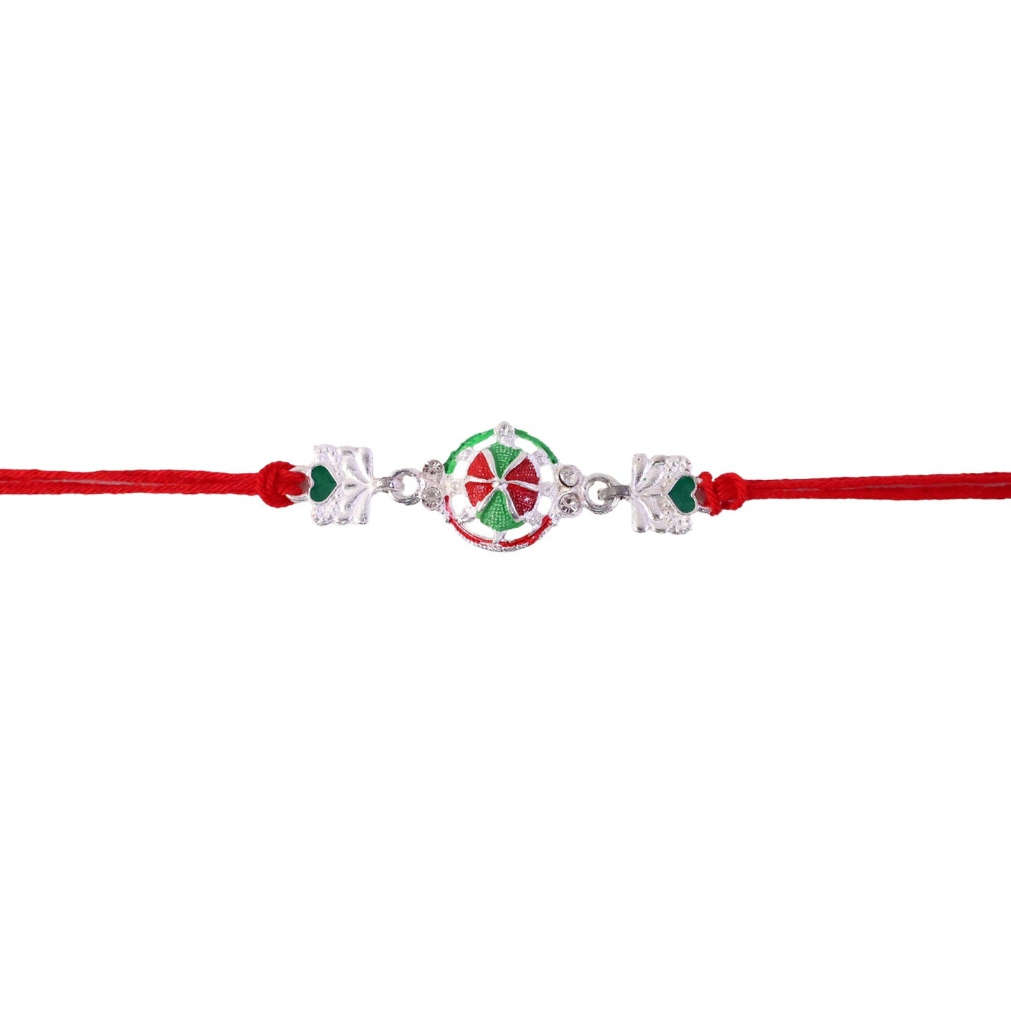 Side angle showing silver charm detail on rakhi