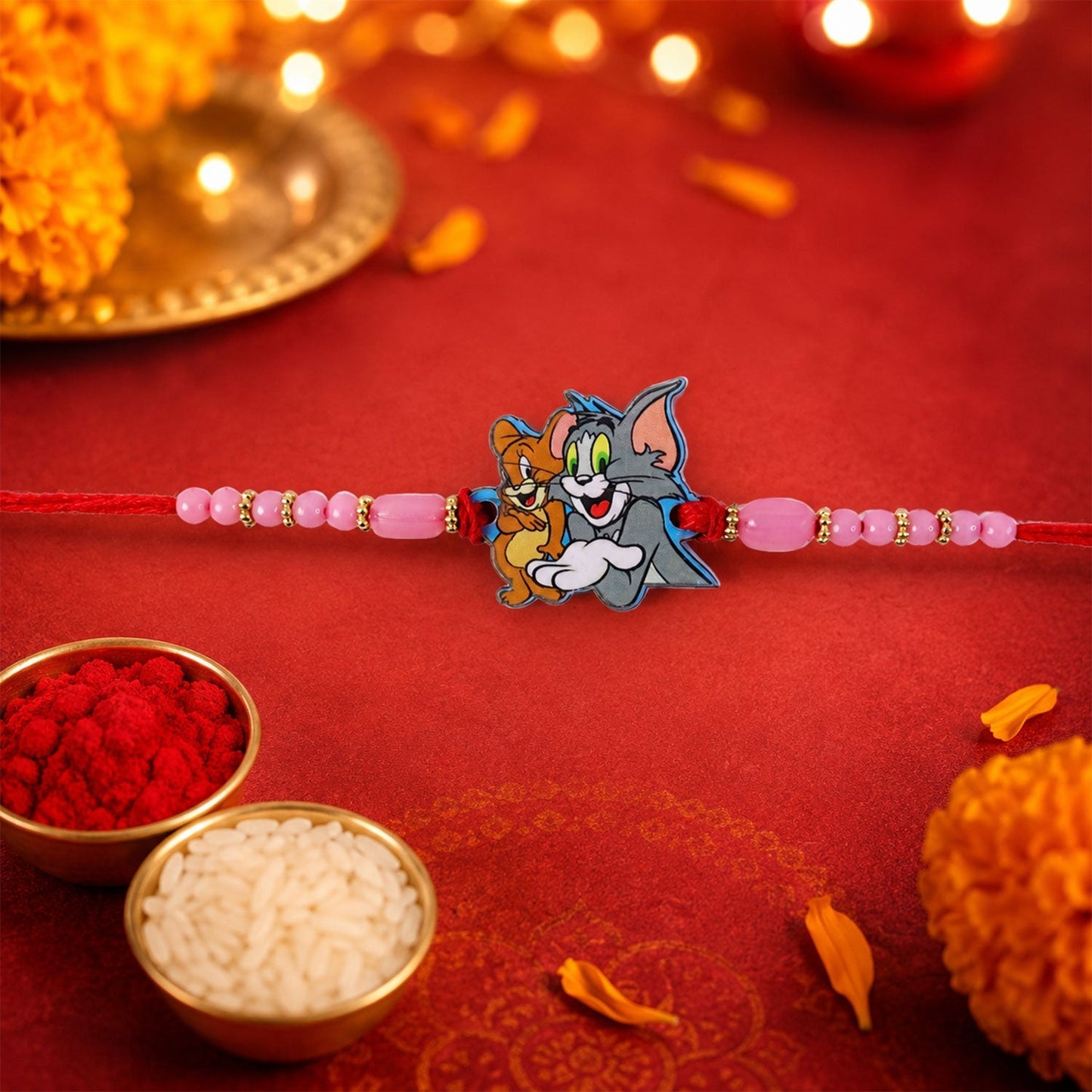 Close-up of Tom And Jerry cartoon charm on Rakhi with colorful beads for kids