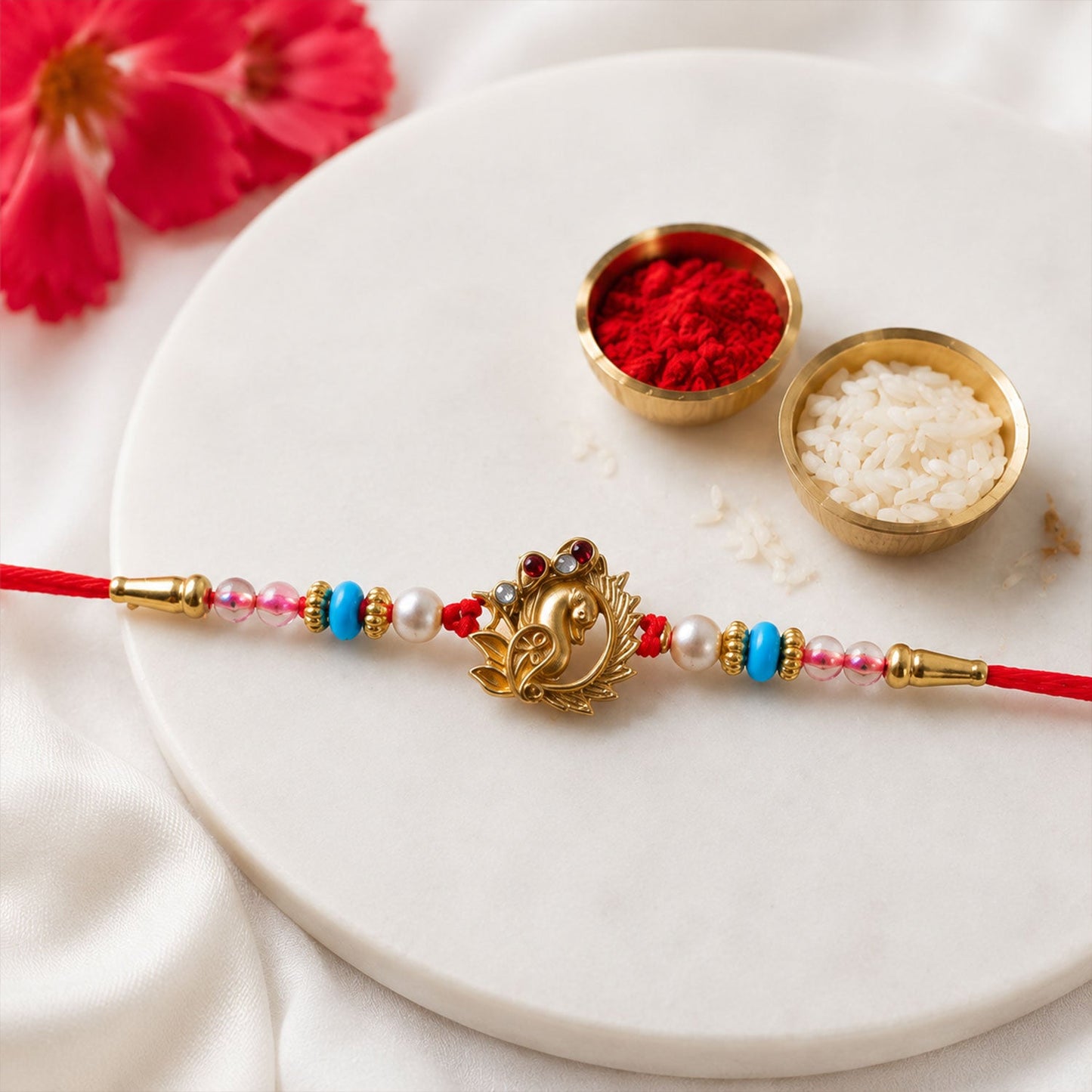 Beautiful decorative rakhi with turquoise pearls and traditional design