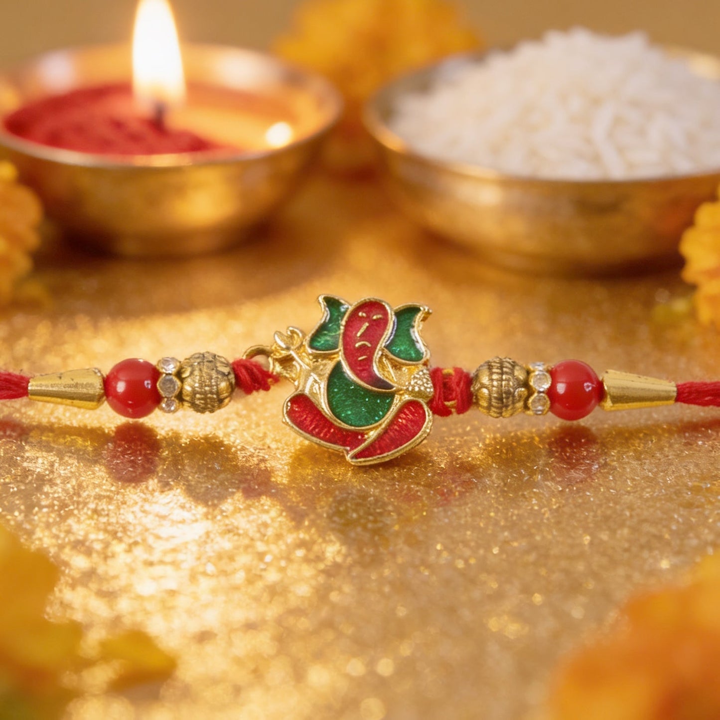 Lord Ganesha meenakari rakhi with decorative beads and traditional design